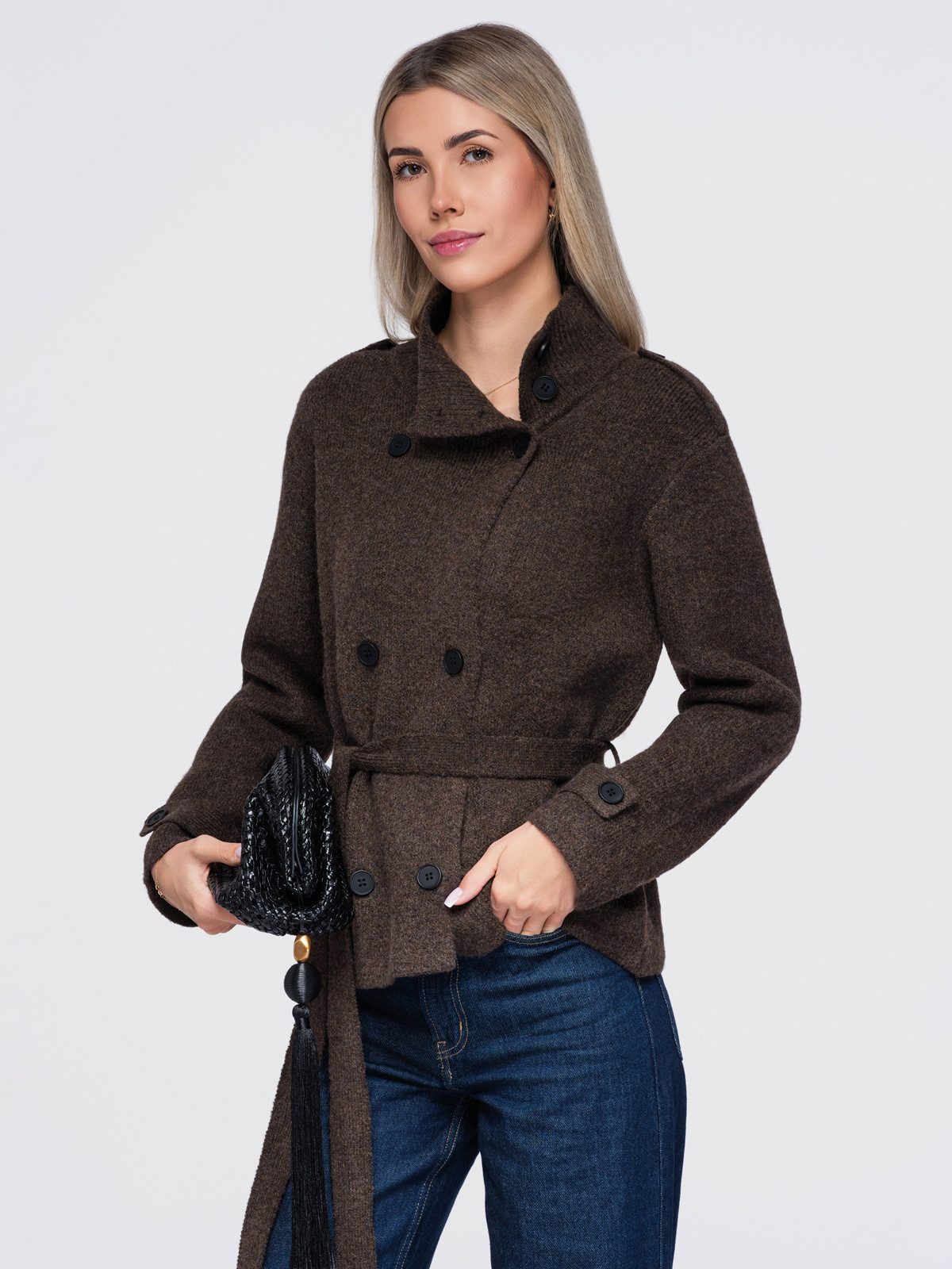 OMBRE Cardigan Damen Pullover mit hohem Kragen und asymmetrischem Schnitt Braun (kein Set, 1-tlg) in Unifarbe