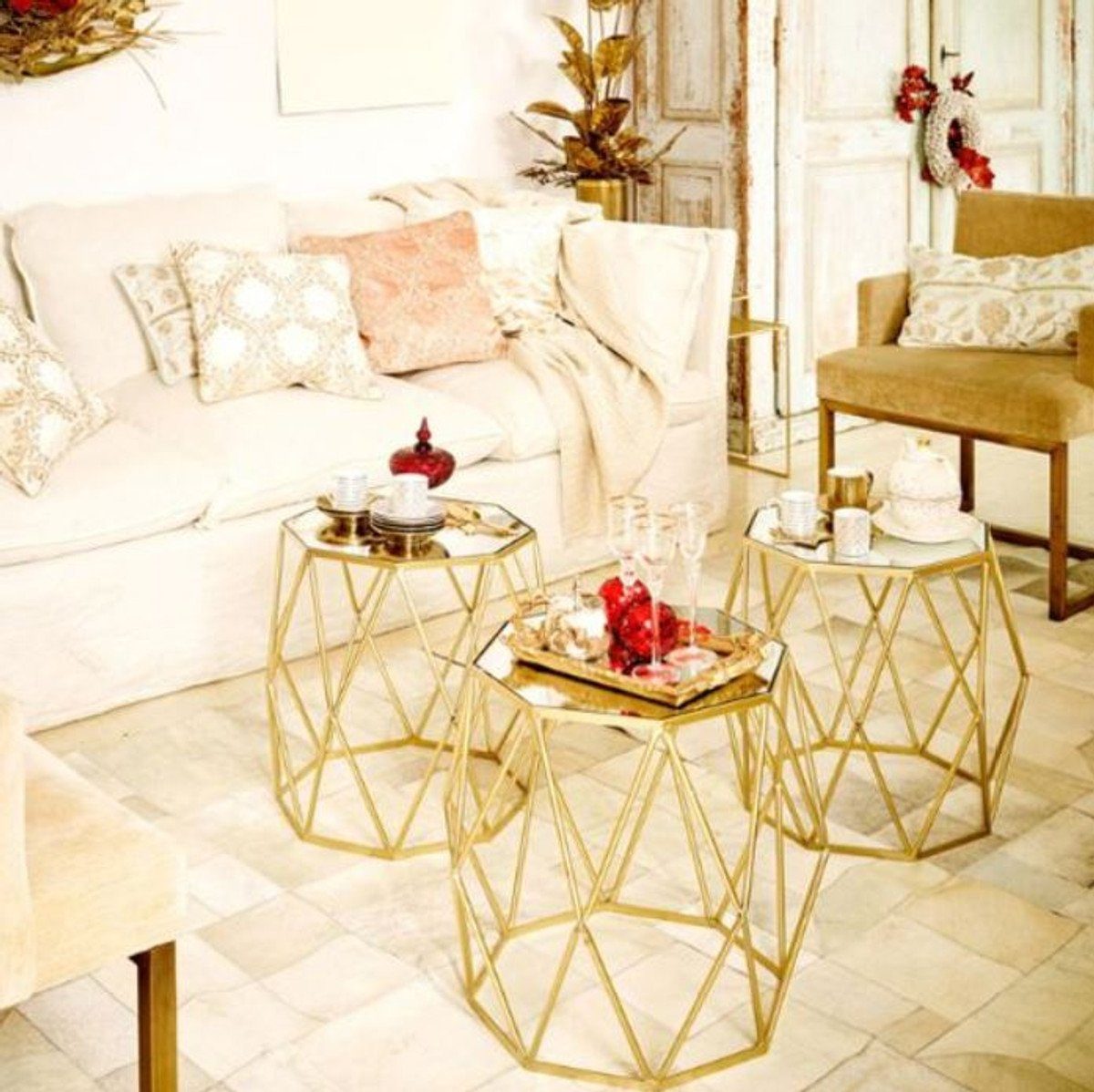 Kollektion Metall Möbel - 3 Tische Casa Glasplatte Padrino Beistelltisch mit Luxus Luxus Set Beistelltisch - - Gold