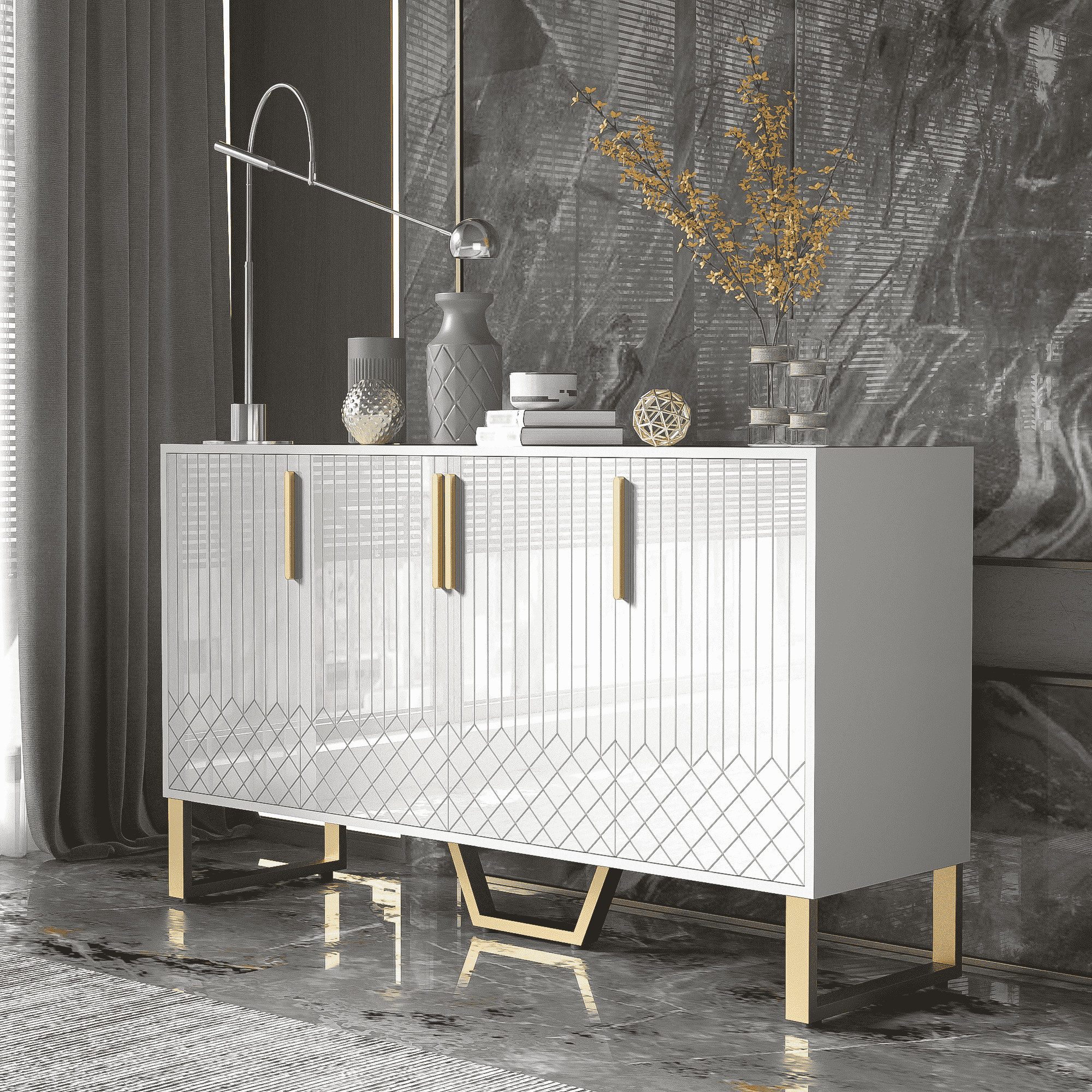 BlingBin Sideboard 140*40*80cm Hochglanz-Anrichte, Aufbewahrungsschrank mit 4 Türen (1er Set, 1 St., Produktladung: 40KG, Metallgriffe und -beine), Wohnzimmerschrank, Geometrisches Design in Weiß