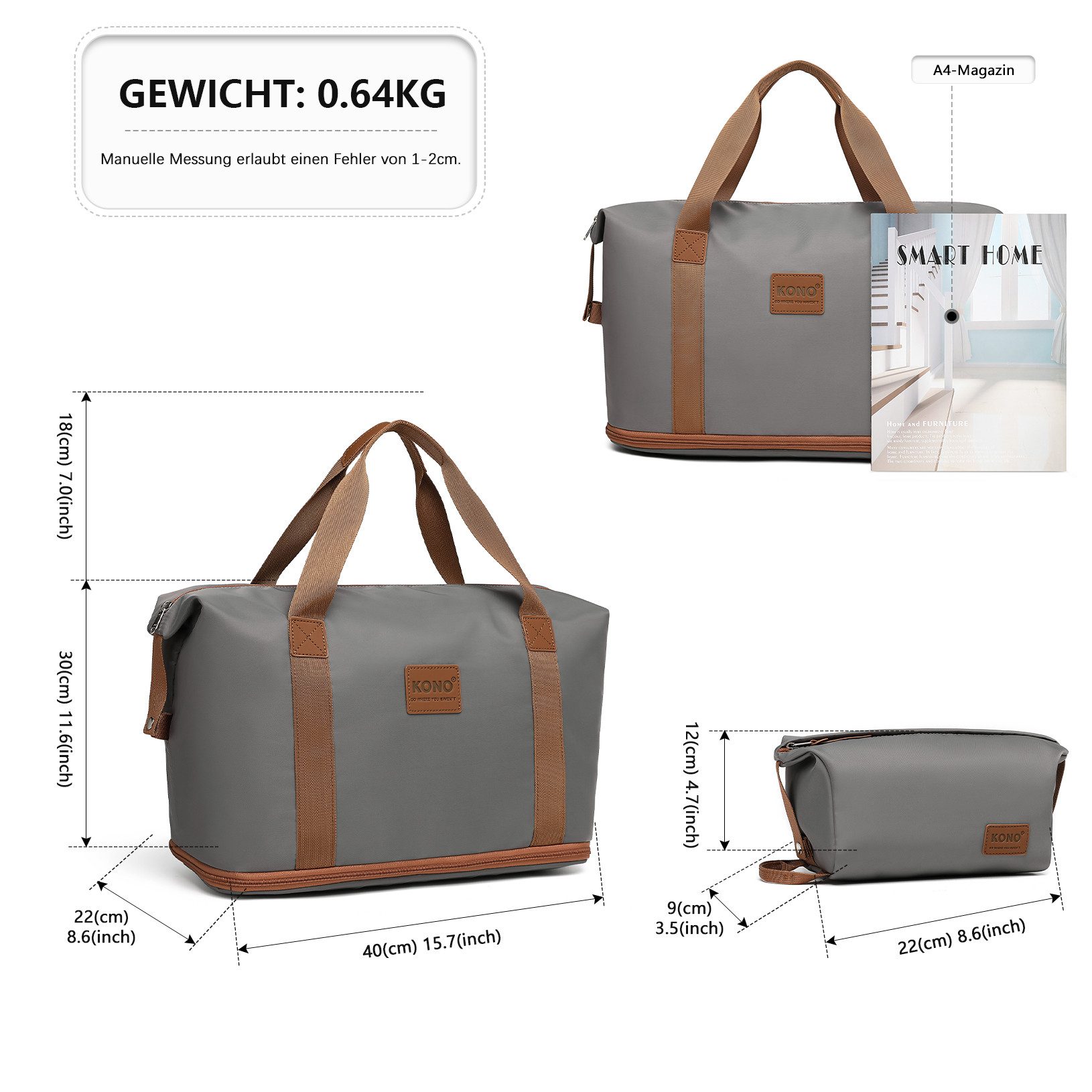 KONO Reisetasche 2-in-1 Set: Erweiterbare Handgepäck-Tasche (36L) + Kosmetiktasche, Praktisches und leichtes Design – Bild 2 von 5