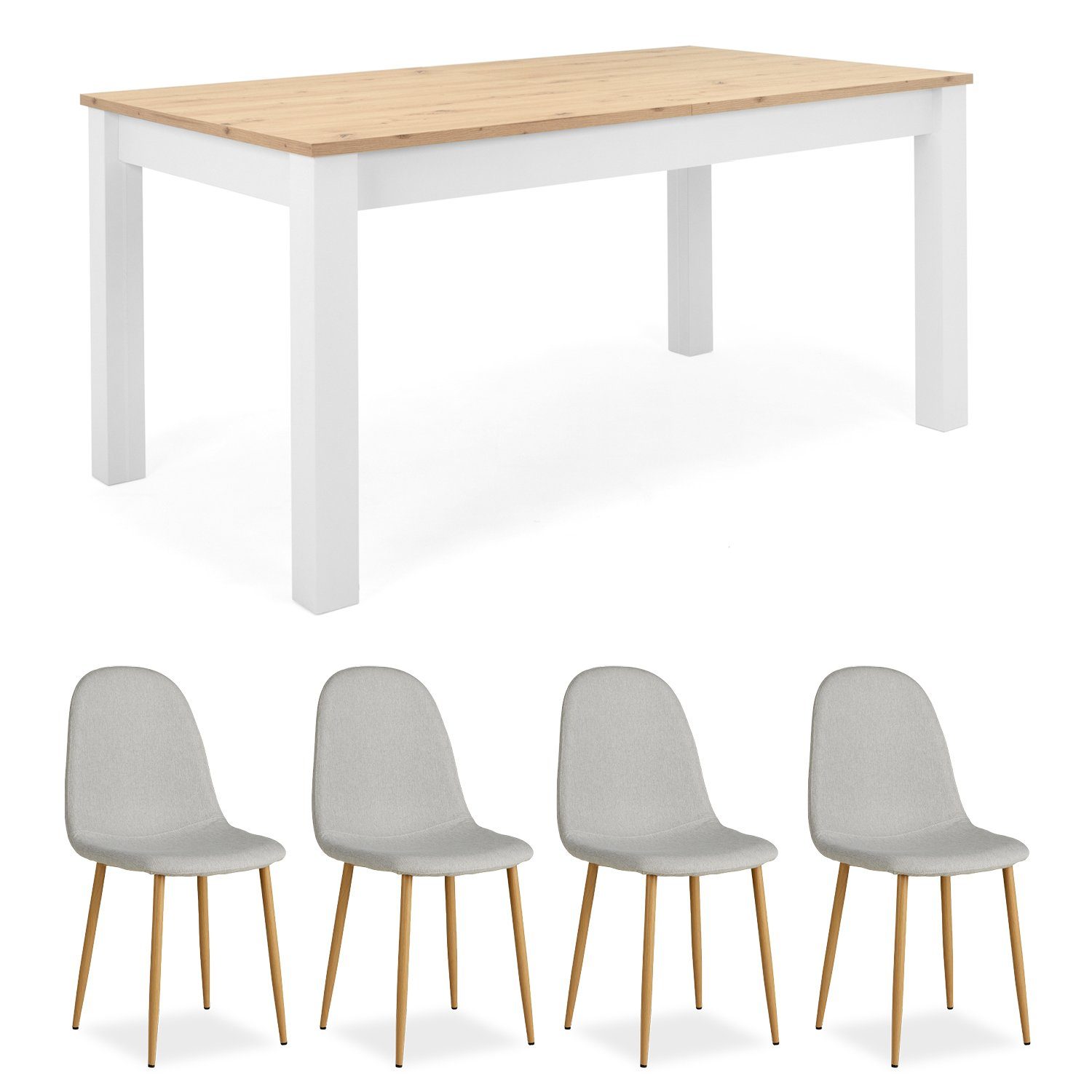 Homestyle4u Essgruppe Esstisch 90x160 bis 90x215 erweiterbar mit 4 Stühle beige Weiß Eiche, (Set, 5-tlg., Esszimmergruppe 5 teilig, Set/Komplettset), Küchentisch ausziehbar Sitzgruppe Sessel Polsterstuhl, Essstuhl