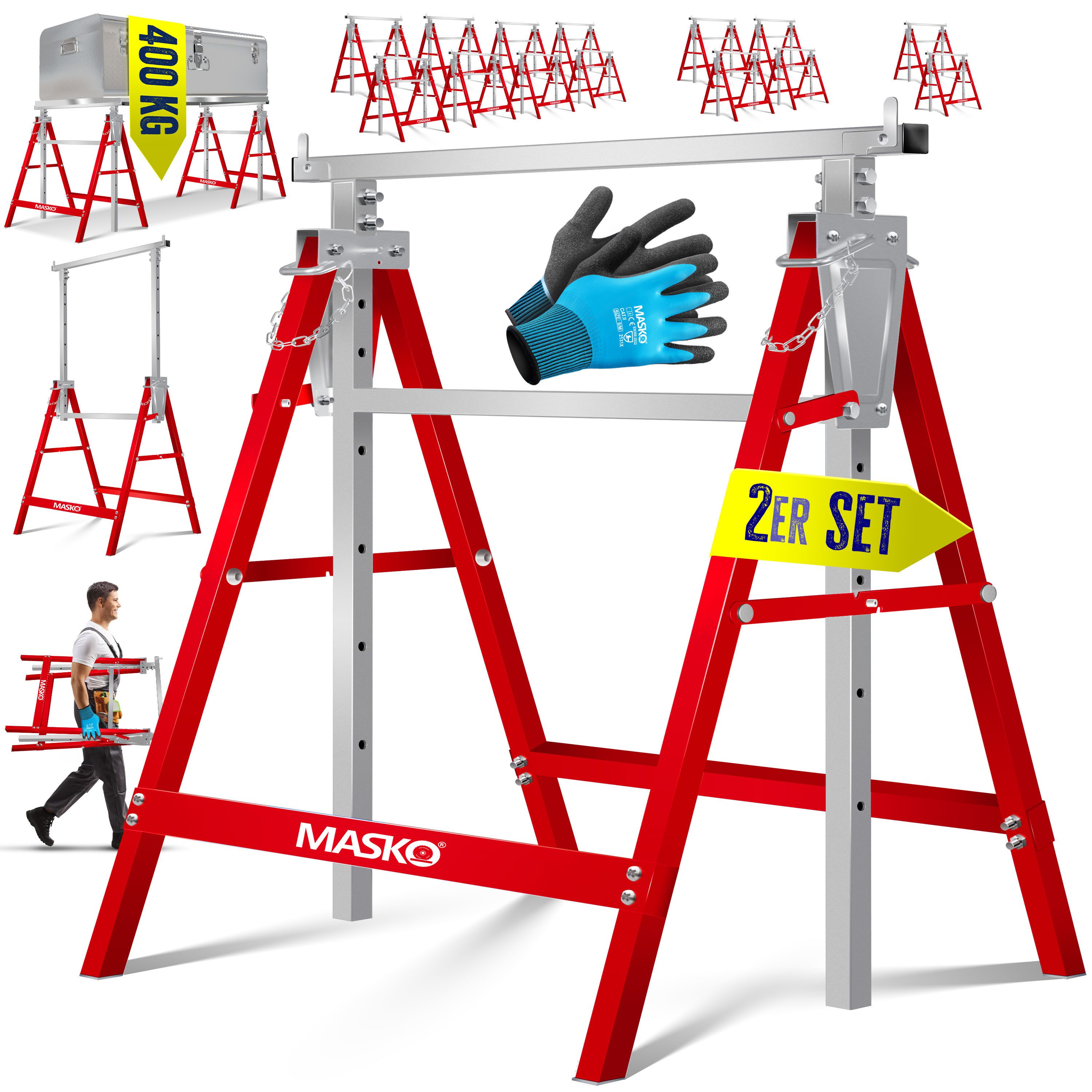 MASKO Klappbock Teleskop-Arbeitsbock Untergestell Sägebock max. Belastbarkeit 200 kg, (2-St., Gerüstbock inkl. Handschuhe), Unterstellbock höhenverstellbar Min. / Max. Arbeitshöhe 800-1300 mm
