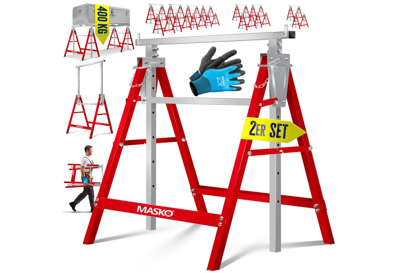 MASKO Klappbock Teleskop-Arbeitsbock Untergestell Sägebock max. Belastbarkeit 200 kg, (2-St., Gerüstbock inkl. Handschuhe), Unterstellbock höhenverstellbar Min. / Max. Arbeitshöhe 800-1300 mm