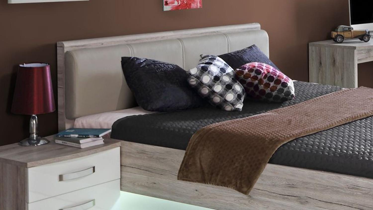 Forte Möbel Jugendbett Jugendzimmerbett Rondino Sandeiche und weiß Hochglanz 140x200 cm