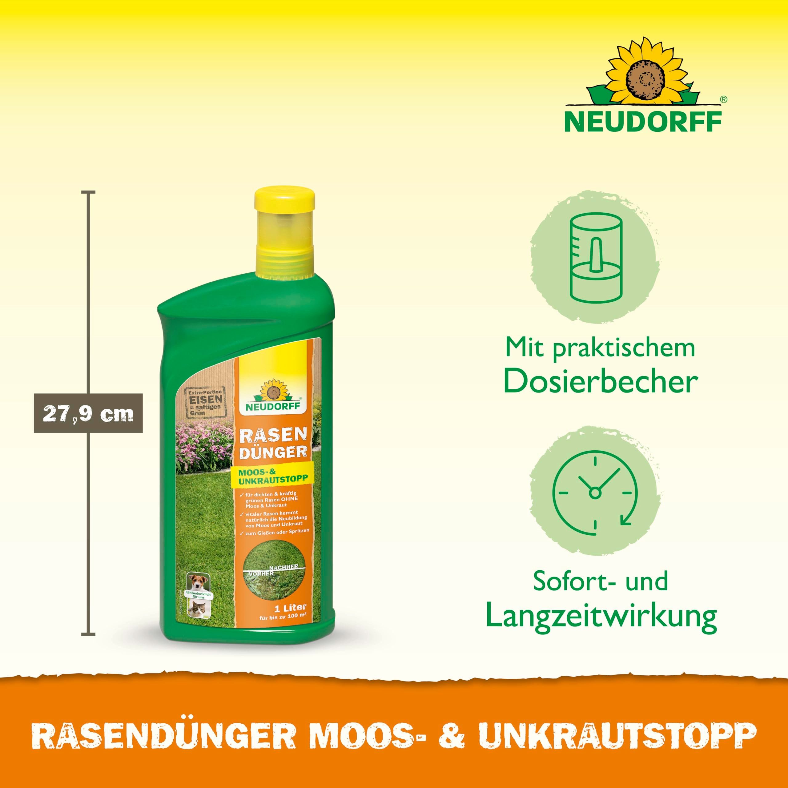 Neudorff Rasendünger Rasendünger Moos-& UnkrautStopp 1l für 100 m², Vor Gebrauch gut schütteln, mit Wasser verdünnen und gleichmäßig auf dem Rasen ausbringen. Nach der Anwendung Geräte gründlich reinigen., Moosvernichter Rasen zur einfachen Spritzanwendung, ohne Streuwagen