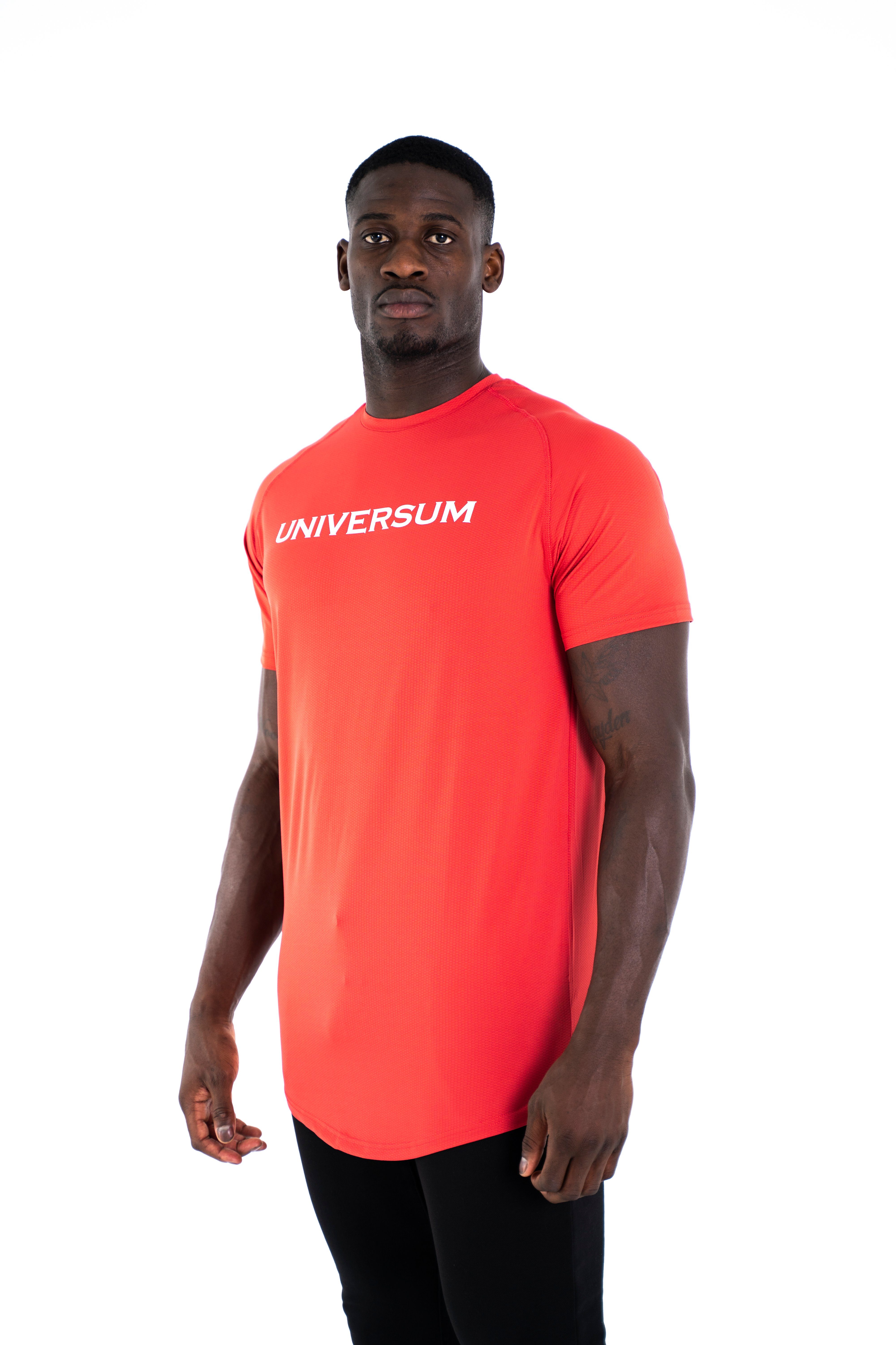 Universum Sportwear Funktionsshirt T-Shirt Sportlicher Schulterschnitt, rot und Saum Abgerundeter Figurbetont elastisch