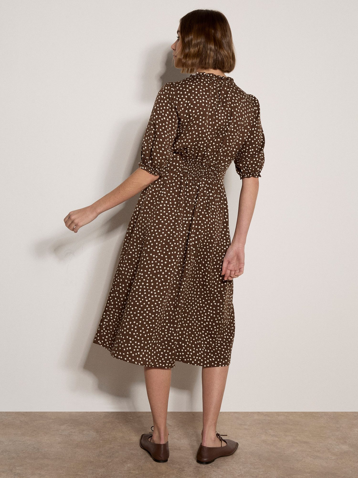 Apricot Midikleid Polka-Dot Rüschenkleid Gemustert