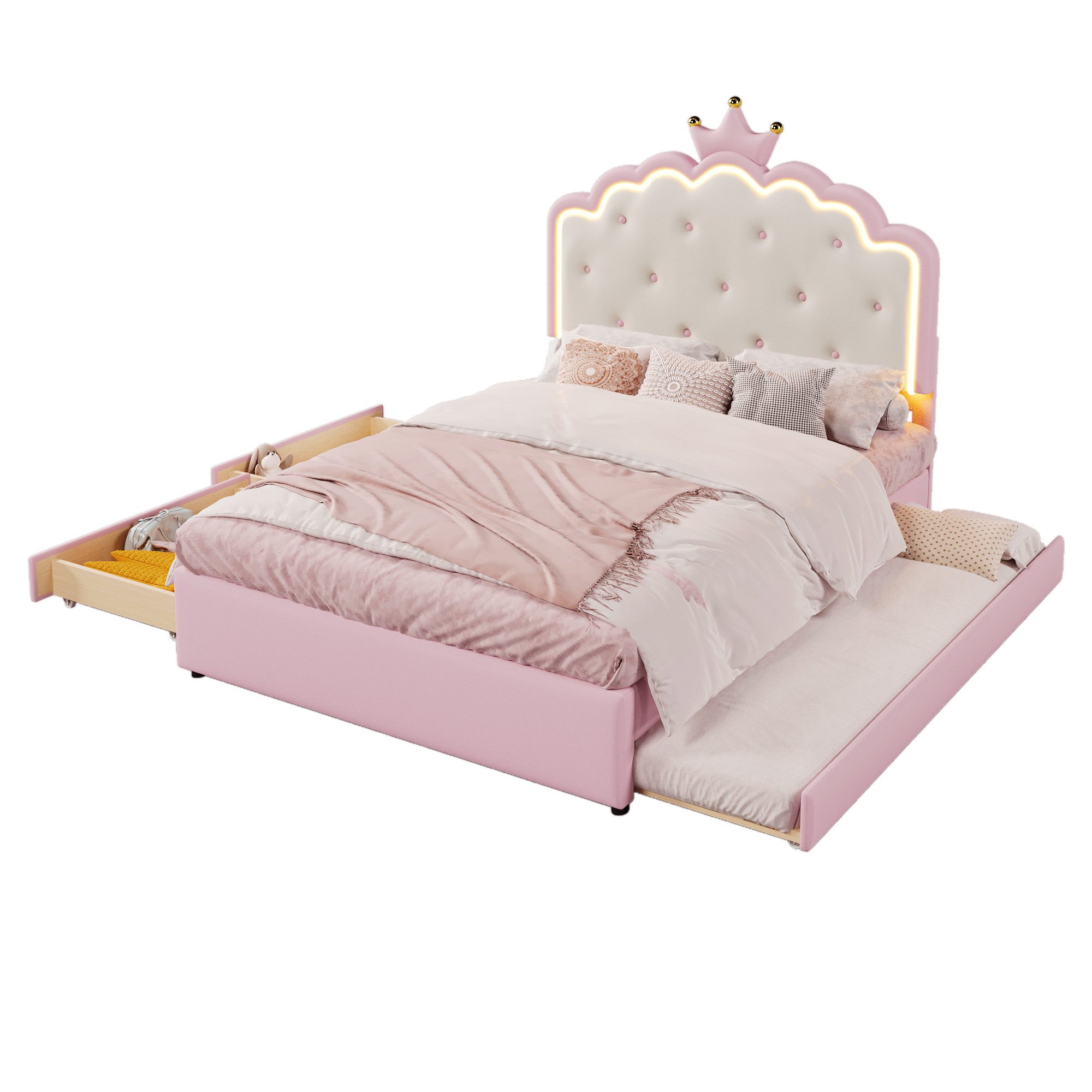 SOFTWEARY Prinzessinbett mit LED-Beleuchtung (140x200 cm, mit Gästebett und Schubladen), Mädchenbett, Polsterbett für Mädchen, Doppelbett, Kunstleder