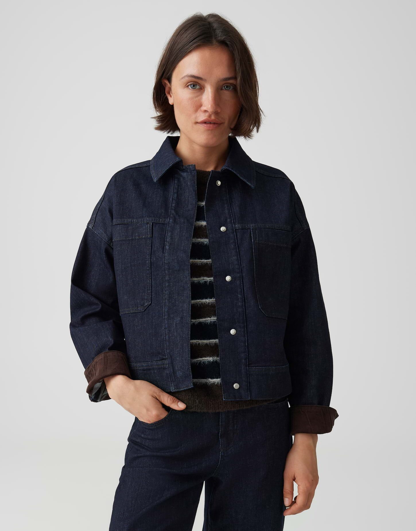 OPUS Jeansjacke Barn Jacke aus Denim Regular Fit abgesteppte Teilungsnähte