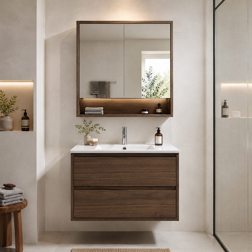 Lomadox Badmöbel-Set VERZUOLO-56-WALNUT, (Spar-Set, 2-St., Spiegelschrank Waschbecken Waschbeckenschrank), in Walnuss, wandhängend, grifflos, LED-Beleuchtung
