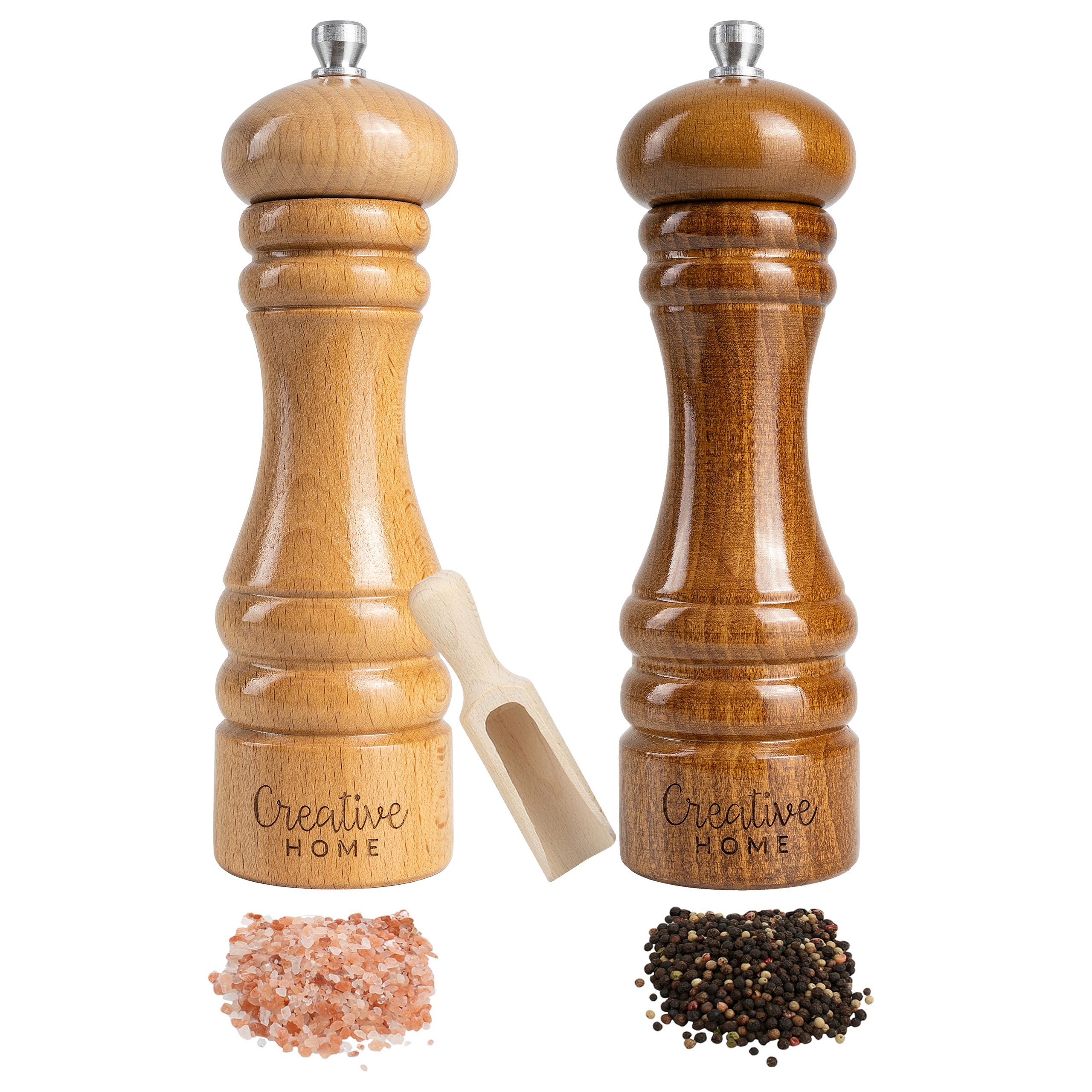 Creative Home Salz-/Pfeffermühle Große Salz und Pfeffermühle Holz Set von 2 Mühlen manuell, Manueller Quetschmechanismus