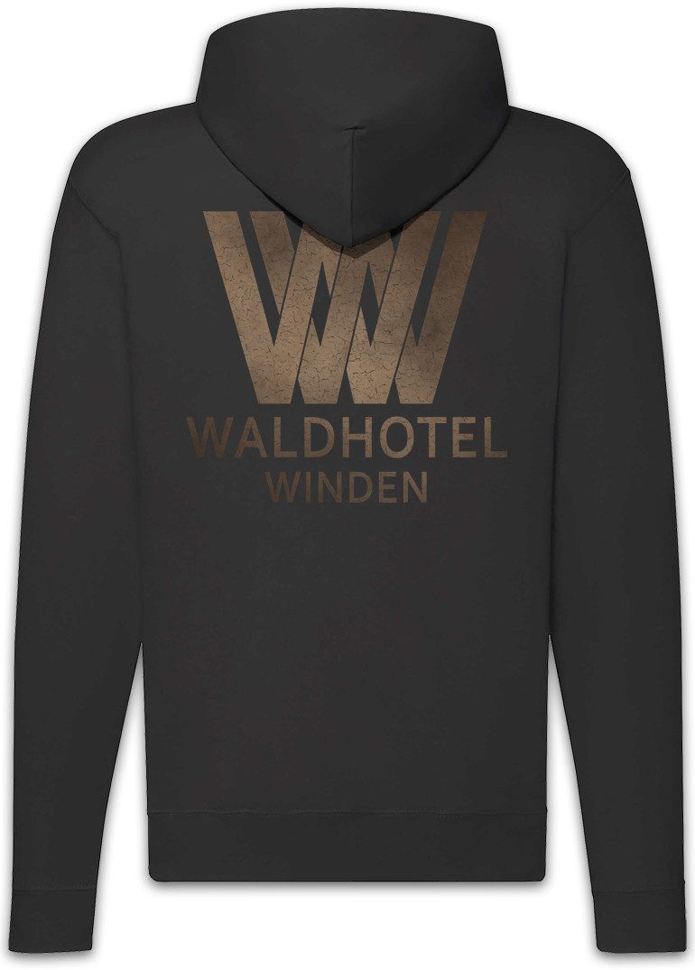 Urban Backwoods Sweatjacke Waldhotel Winden Zipper Hoodie Logo Symbol Sign Dark Regina Tiedemann (1-tlg) Familie Doppler Company Firma