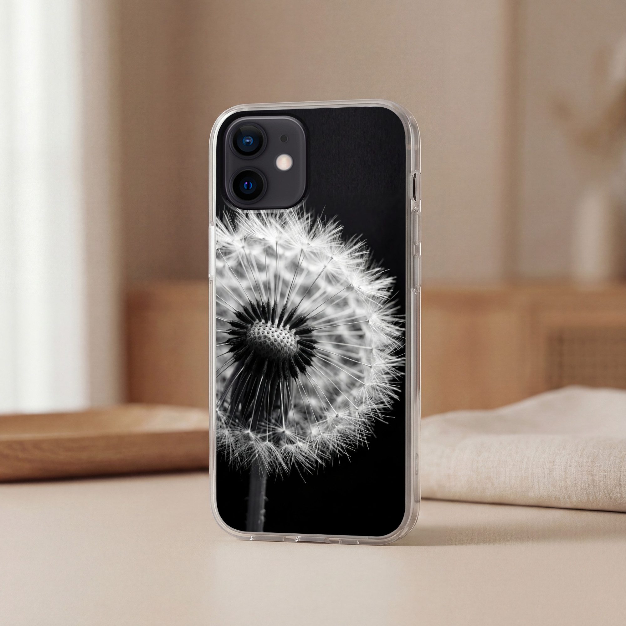 MuchoWow Handyhülle für Apple iPhone 12 Pusteblume - Schwarz - Weiß, Smartphone-Bumper, Print, Handy Schutzhülle Dünn