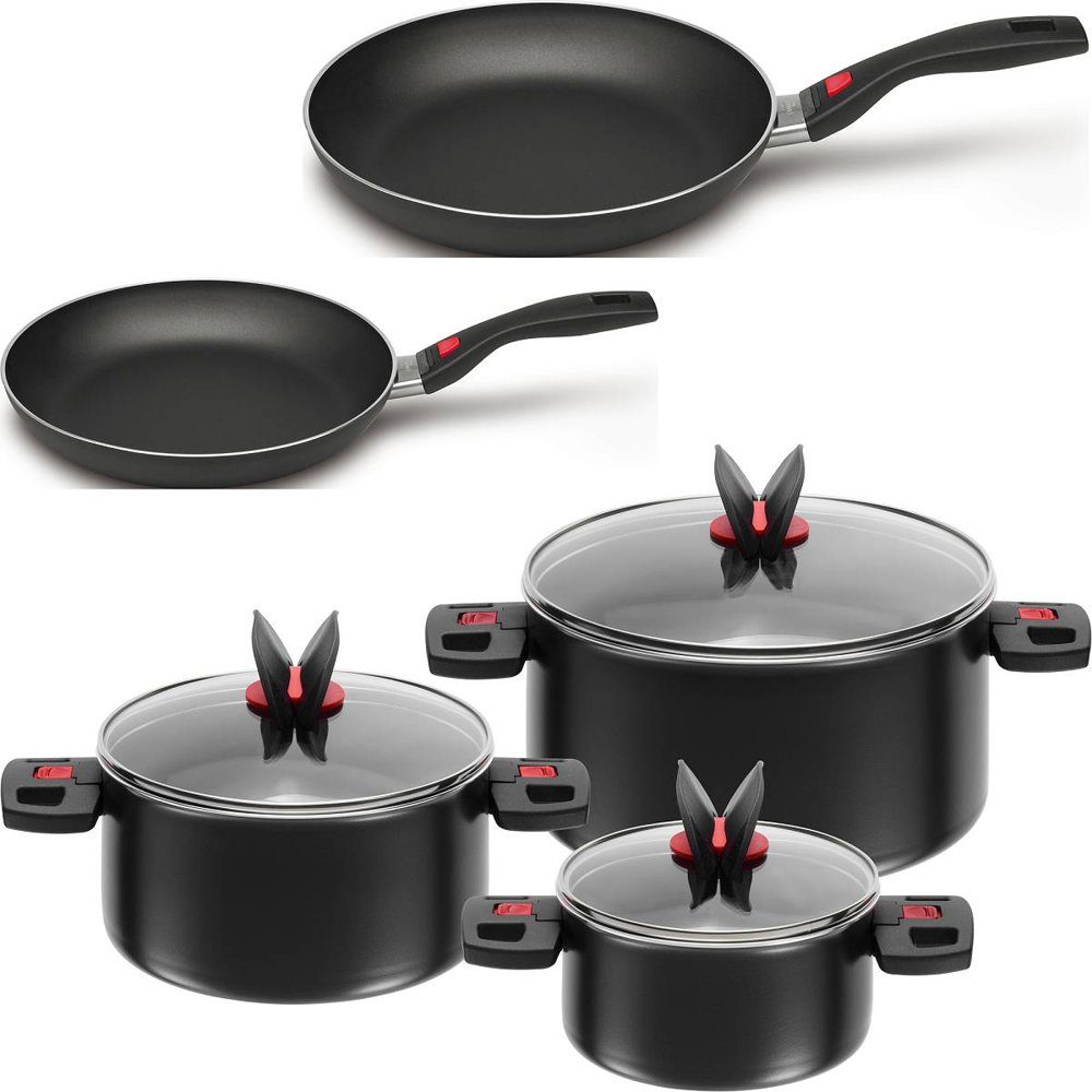 BALLARINI Topf-Set Ballarini Click & Cook Kochset 5-tlg., Aluminium (Set, 5-tlg), Töpfe, Pfannen, Griffe klappbar, durch das Click & Cook System stapelbar und platzsparend, Pfannen backofentauglich bis 160°C, 3-fache Antihaftbeschichtung verstärkt durch Keramik-Partikel, NICHT für Induktion geeignet