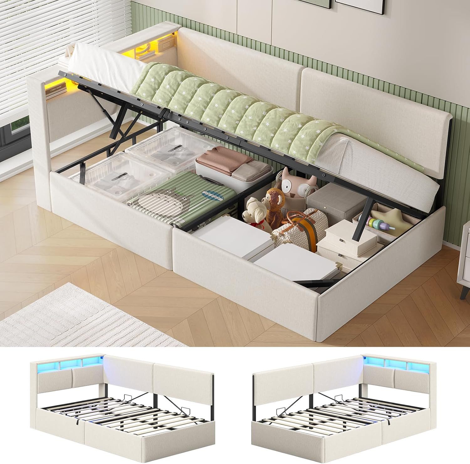 MSMASK Polsterbett mit USB-Steckdosen & LED-Kopfteil, Eckmontage möglich, Jugendbett (Ohne Matratze), Schlafsofa 90x200 cm mit …
