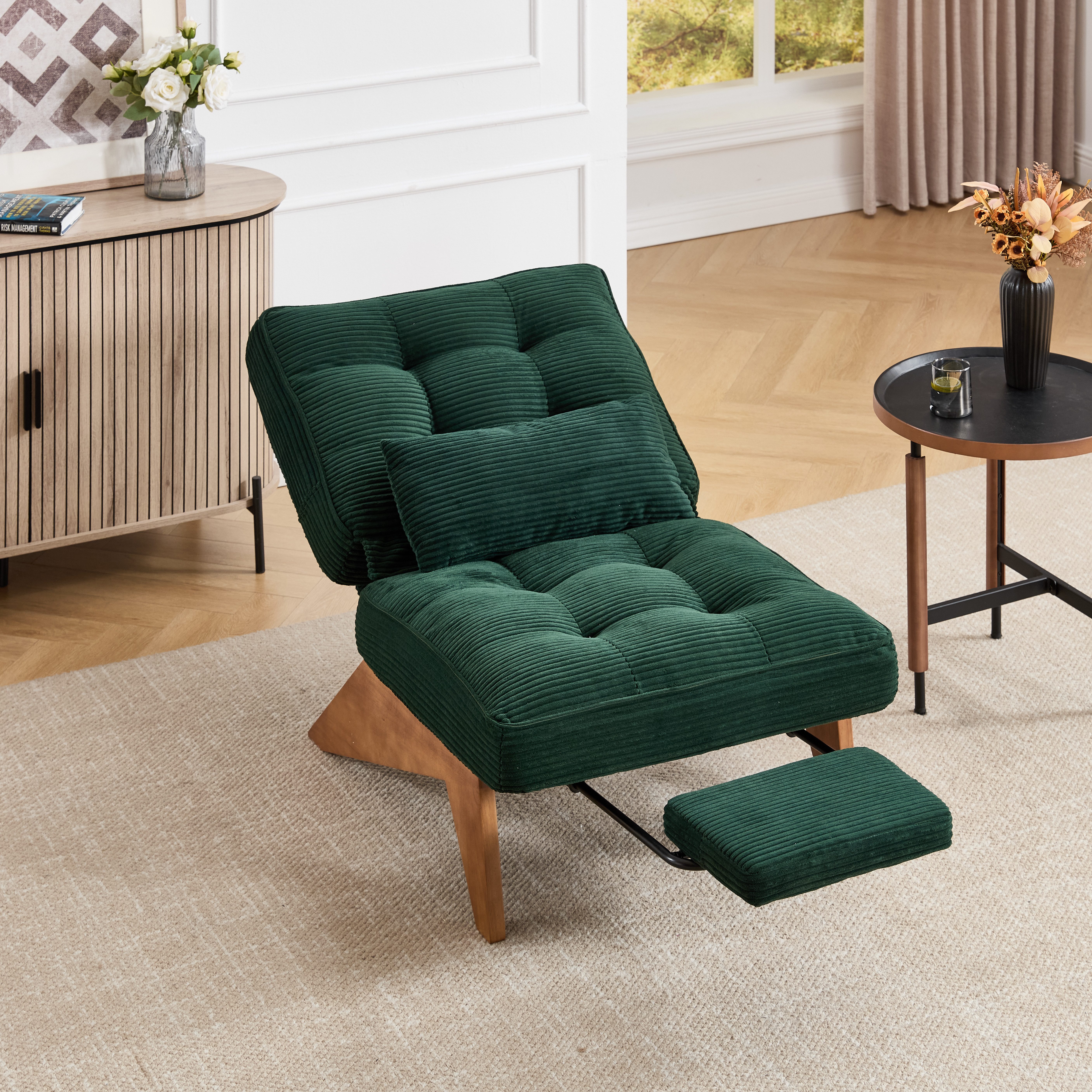 Odikalo Loungesessel Relaxsessel Einzelsessel (Moderner verstellbarer rückenfreier Loungesessel aus Stoff mit Fußstütze mit Lendenkissen und Holzbeinen für Wohnzimmer/Schlafzimmer/Studierzimmer(Smaragdgrüner Cord)