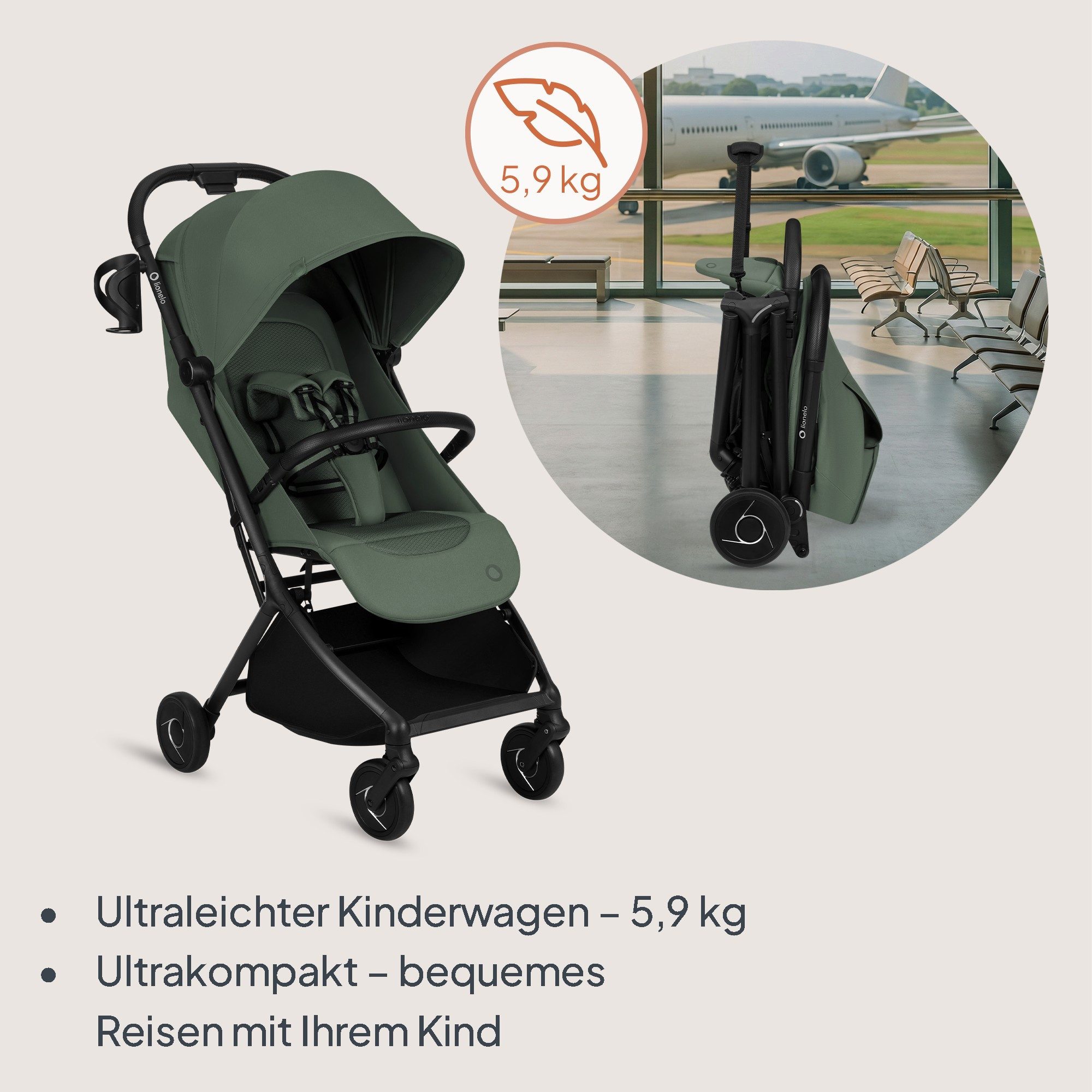 lionelo Kinder-Buggy SIA, (Set), Ultraleicht 5,9kg/18×51×49/Click&Ride/inGrip/Dri-Seat/UPF50+