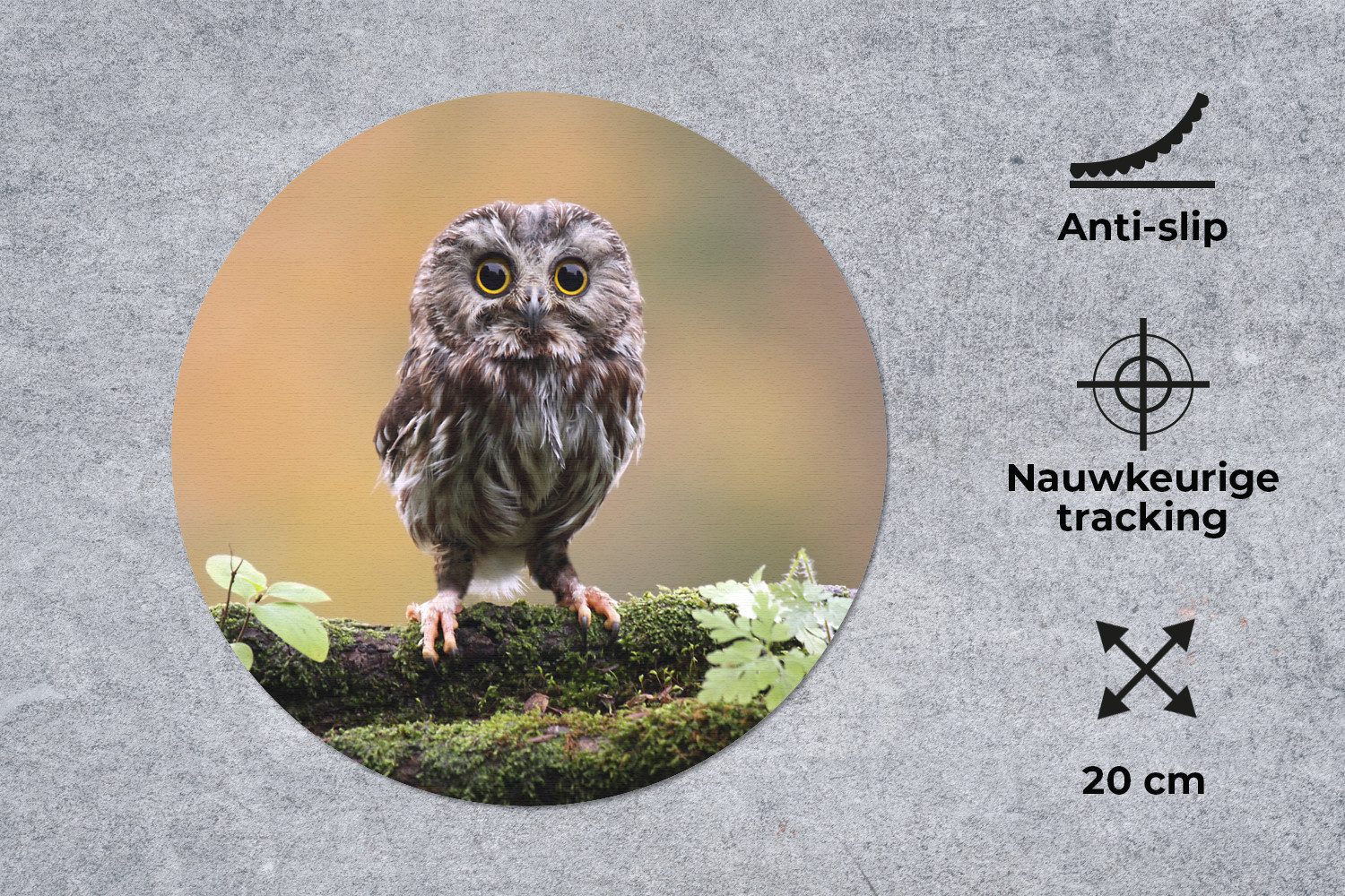 MuchoWow Mauspad Steinkauz (1-St), Büro für Tastatur und Maus, Mousepad Gaming, Rund 20x20 cm