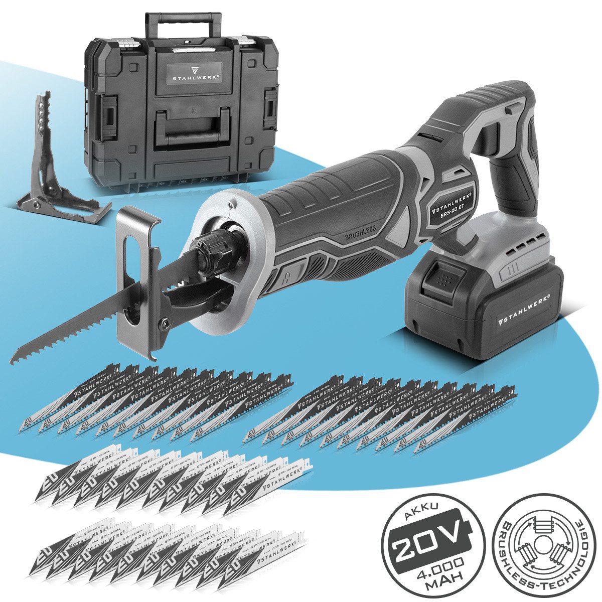 STAHLWERK Akku-Säbelsäge Brushless-Akku-Säbelsäge mit 40 Ersatzblättern 20 x Holz, 20 x Metall, Packung, 1-St., Akku (4.0Ah), inkl. Akku und Ladegerät