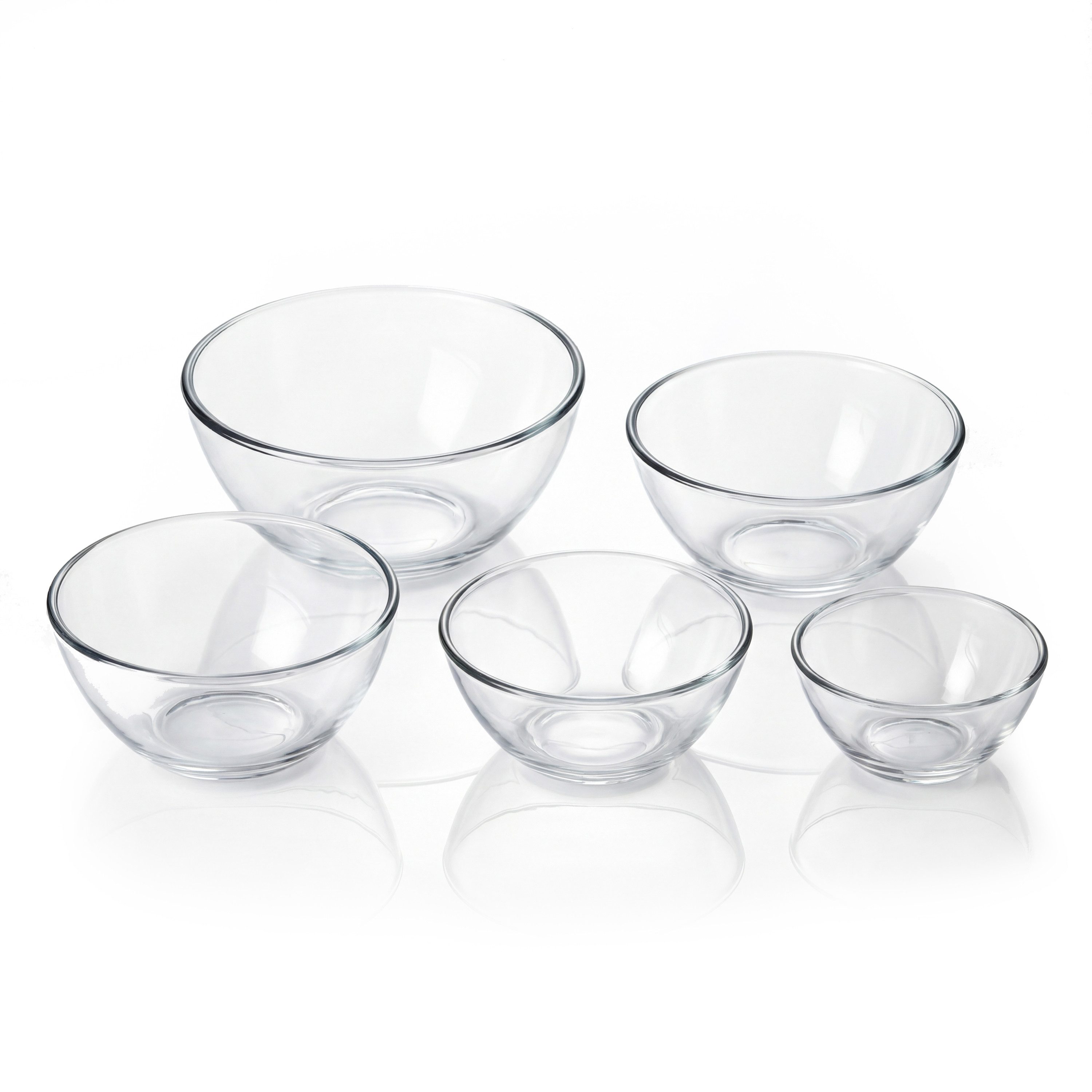 Arendo Salatschüssel 5x Glasschüsseln + Deckel 1L, 1,5L, 2L, 2,7L & 4,4L, Glas Rührschüssel, Glas, (5er Set, 5-tlg), Glasschale, BPA-frei, Spülmaschinen und Mikrowellen geeignet