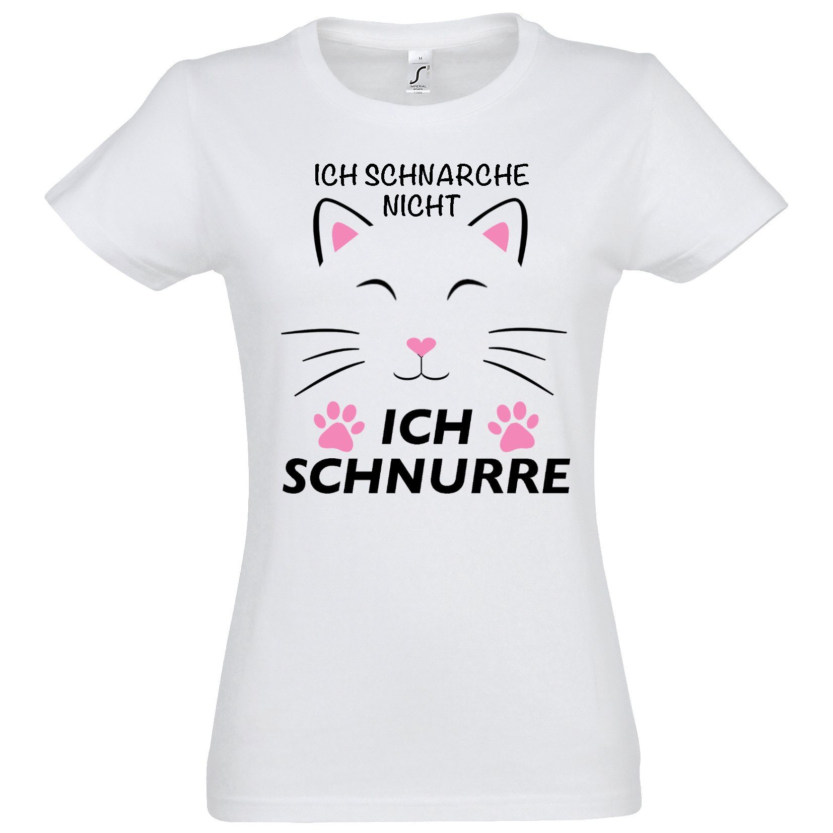 Youth Designz Print-Shirt Schnarchen Schnurren Katze Damen T-Shirt mit lustigem Spruch & Logo Aufdruck Weiß