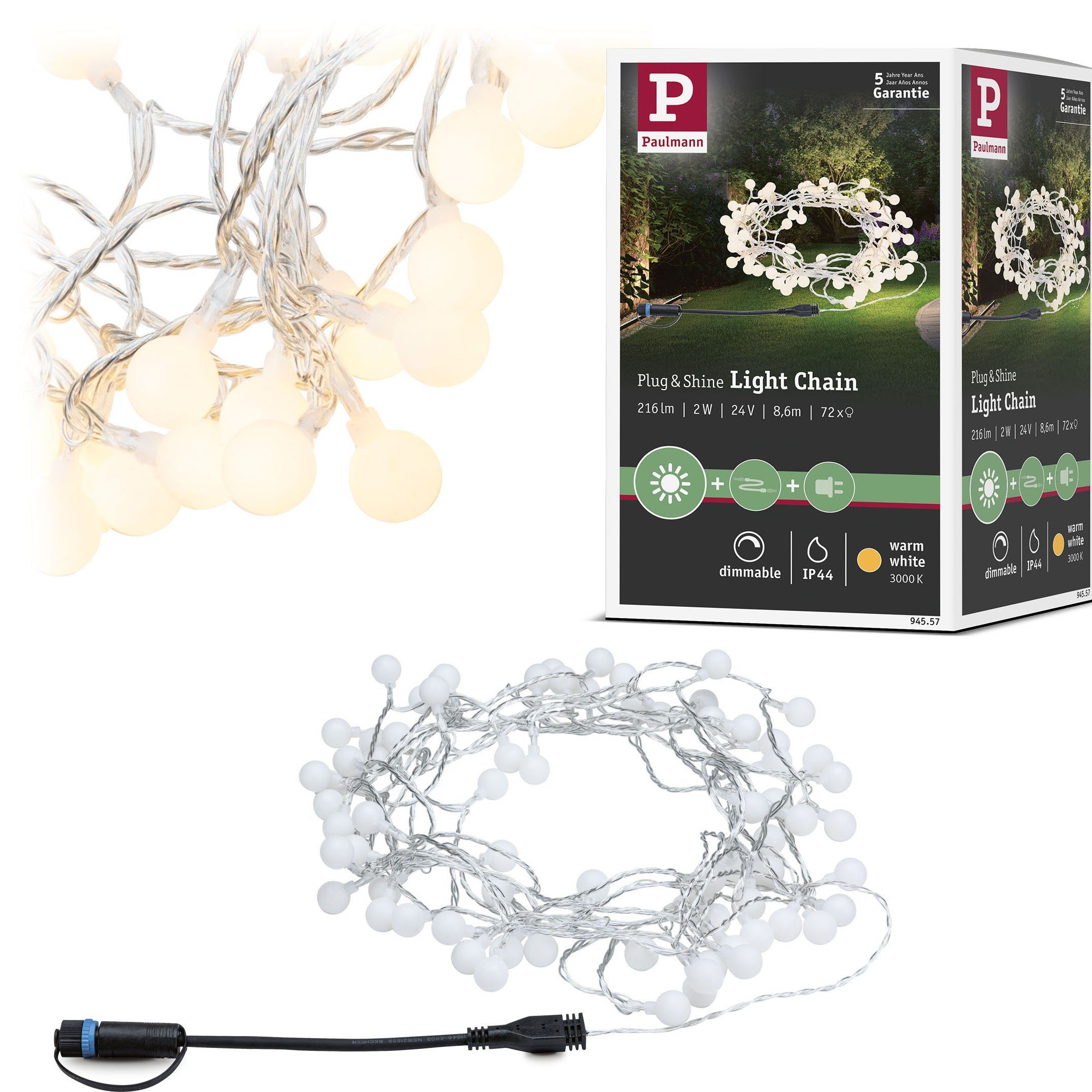 Paulmann LED-Lichterkette Plug & Shine IP44 7,5m 24V 3.000K 72x2lm, 1-flammig