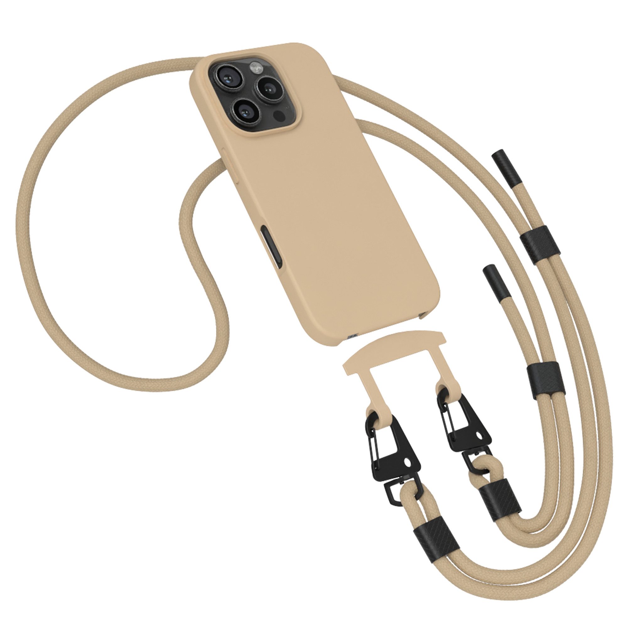 EAZY CASE Handykette 2in1 Hülle mit Band für iPhone 16 Pro 6,3 Zoll, Silicon Handyhülle mit schmaler Kette Necklace Carabiner Etui in Taupe