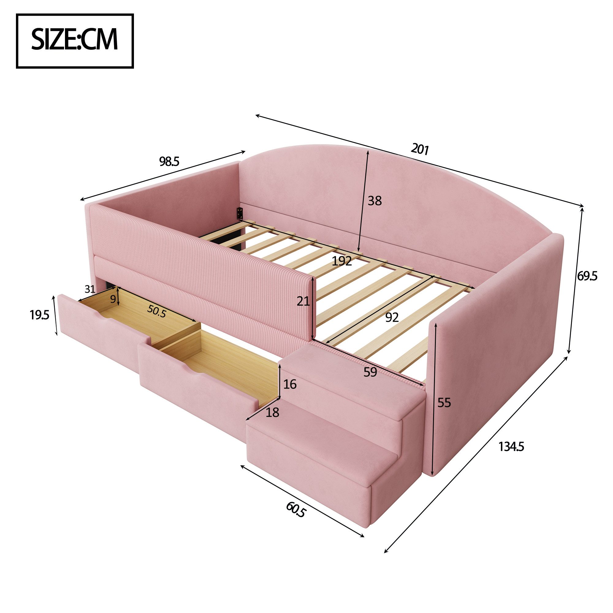 Flieks Polsterbett, Kinderbett Einzelbett 90x190cm mit 2 Schubladen Treppe Rausfallschutz