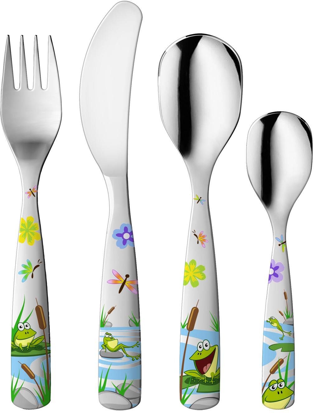 gnali & zani Kinderbesteck Freche Frösche (4-tlg), 1 Personen, Edelstahl, Made in Italy