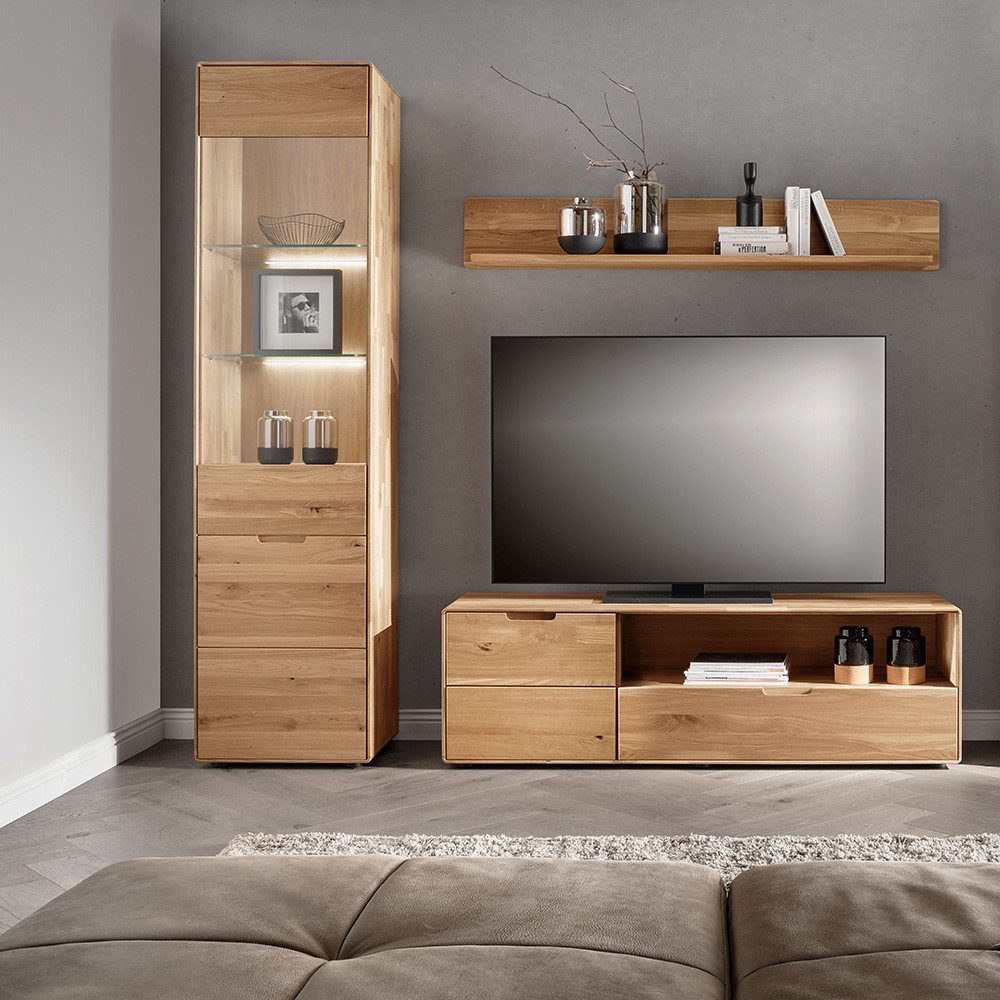 Lomadox Wohnzimmer-Set WISLA-69, (Mega-Spar-Set, 3-St., Lowboard Wandregal Vitrine), Eiche massiv, LED Beleuchtung, Softclose, montiert