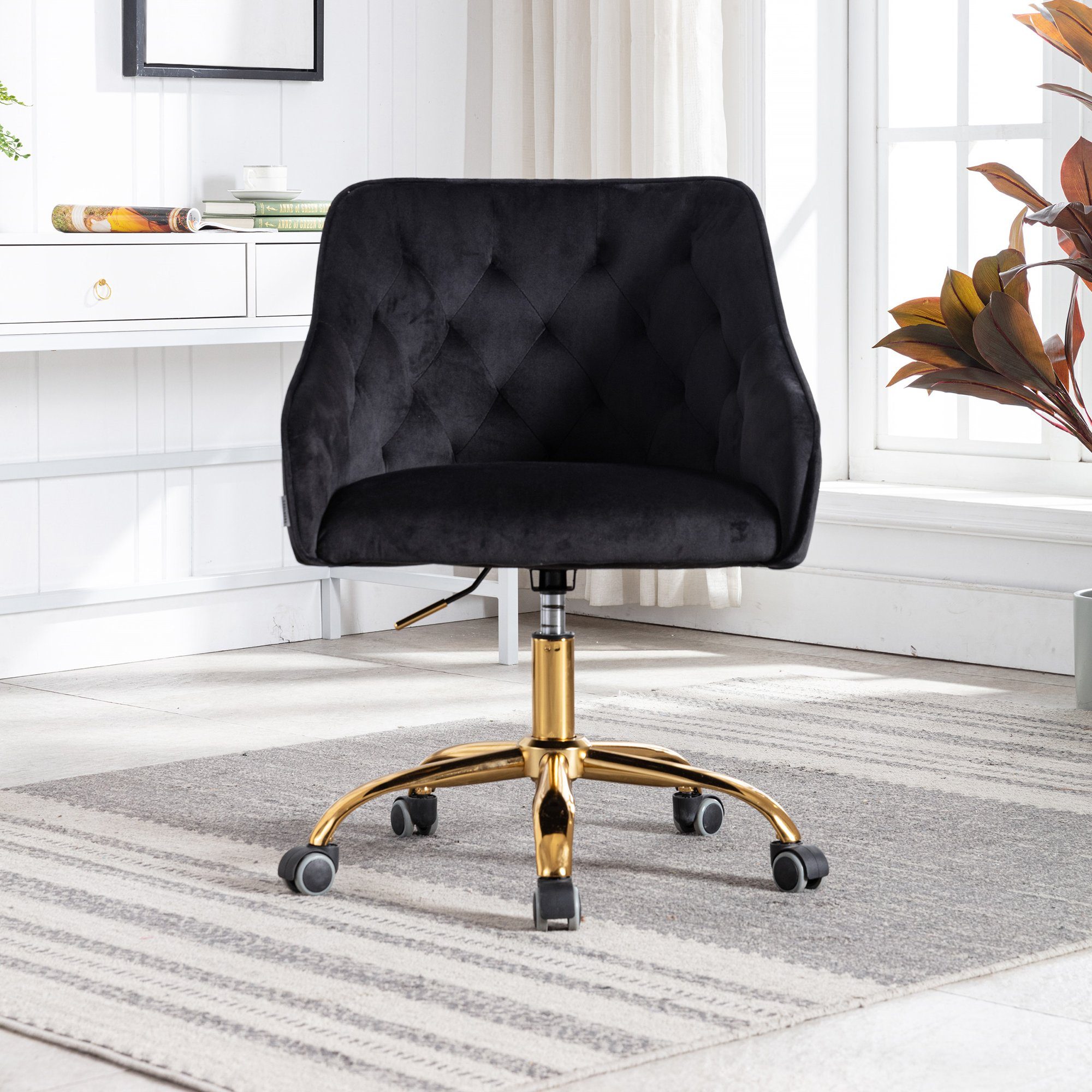 REDOM Stuhl Samt Bürostuhl, Schminkstuhl, 360° drehbar, höhenverstellbar (hübscher schicker Stuhl, goldener Bürostuhl), hübscher schicker Stuhl, goldener Bürostuhl schwarz