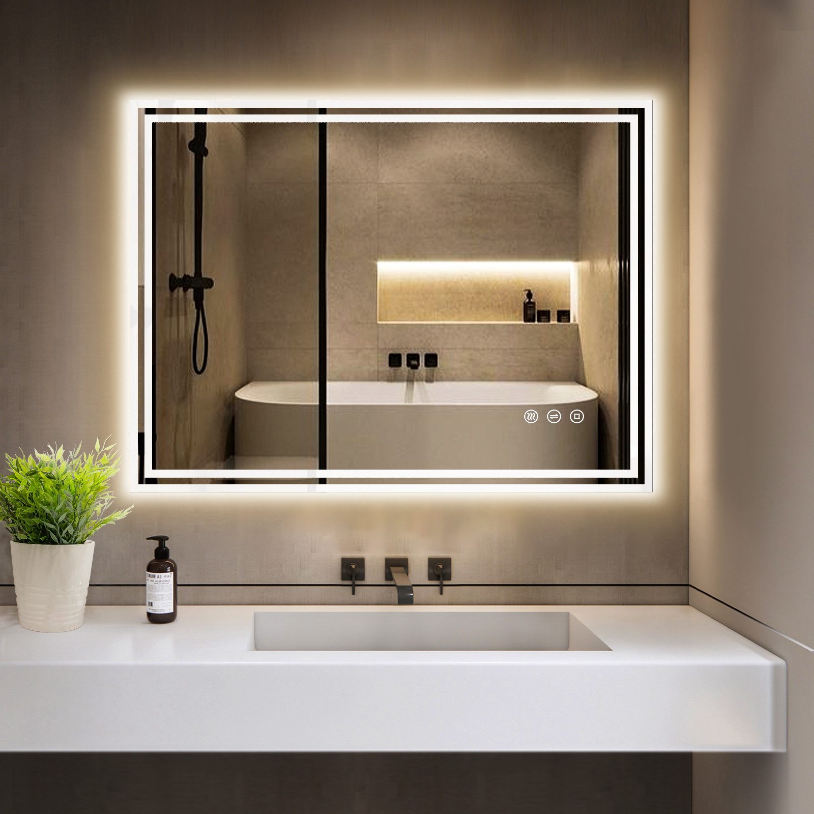 GIMBELEN Badspiegel Badezimmerspiegel mit LED-Beleuchtung, Touchschalter, IP44-Schutz (1-St), mit Steckdose, 3 Lichtfarben, beschlagsfrei, dimmbar, 60x80cm