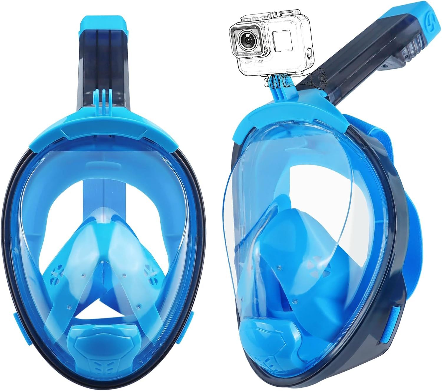 Aischens Tauchermaske Vollgesichts-Schnorchelmaske 180° Anti-Leck Kamera-Halterung, (180° Panoramamaske mit Anti-Leck-System & Kamera-Halterung – ideal für Schnorcheln, Schnorchelset mit Vollgesichtsmaske, Ohrstöpseln Netzbeutel Erwachsene), 180° Panoramablick, Anti-Beschlag, Anti-Leck-Ventil, CO₂-Schutzsystem