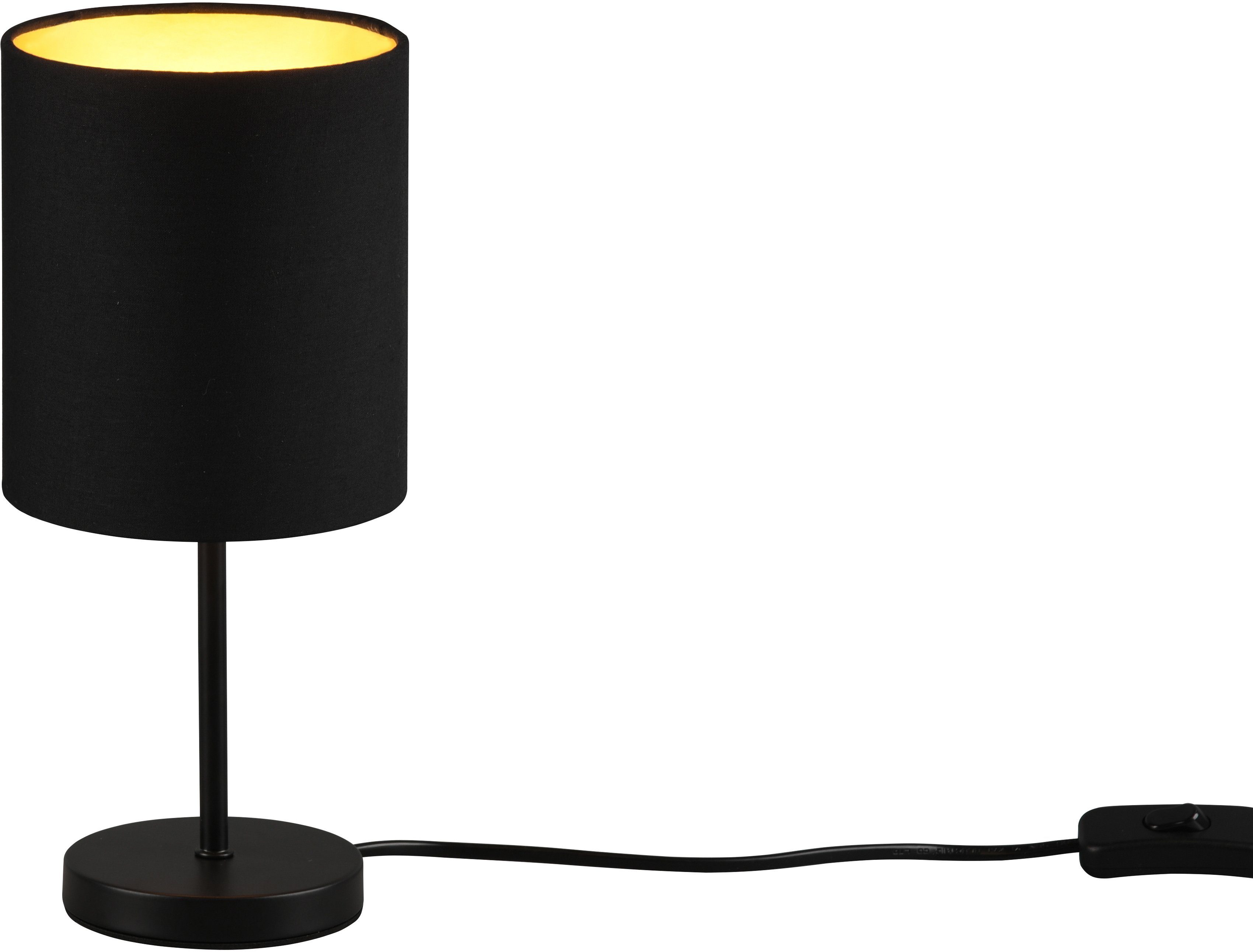 TRIO Leuchten Tischleuchte Jerry, Ein-/Ausschalter, Leuchtmittel wechselbar, Tischlampe 28cm, Ø 13cm, Stoffschirm in schwarz/gold, Schnurschalter