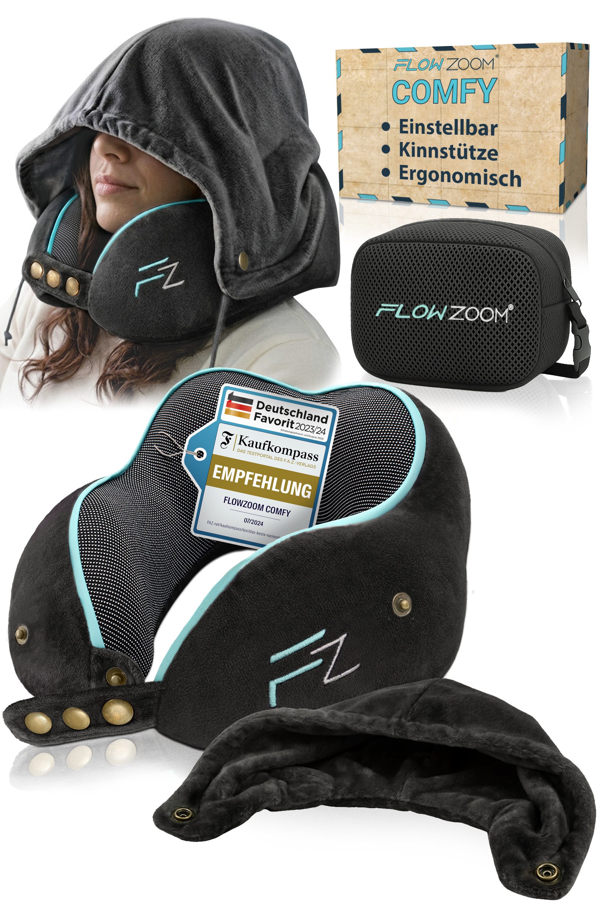 FLOWZOOM Nackenhörnchen COMFY Nackenkissen Flugzeug & Auto – Reisekissen Memory-Schaum, Nackenhörnchen für Erwachsene - Nackenkissen Reisen - verstellbar