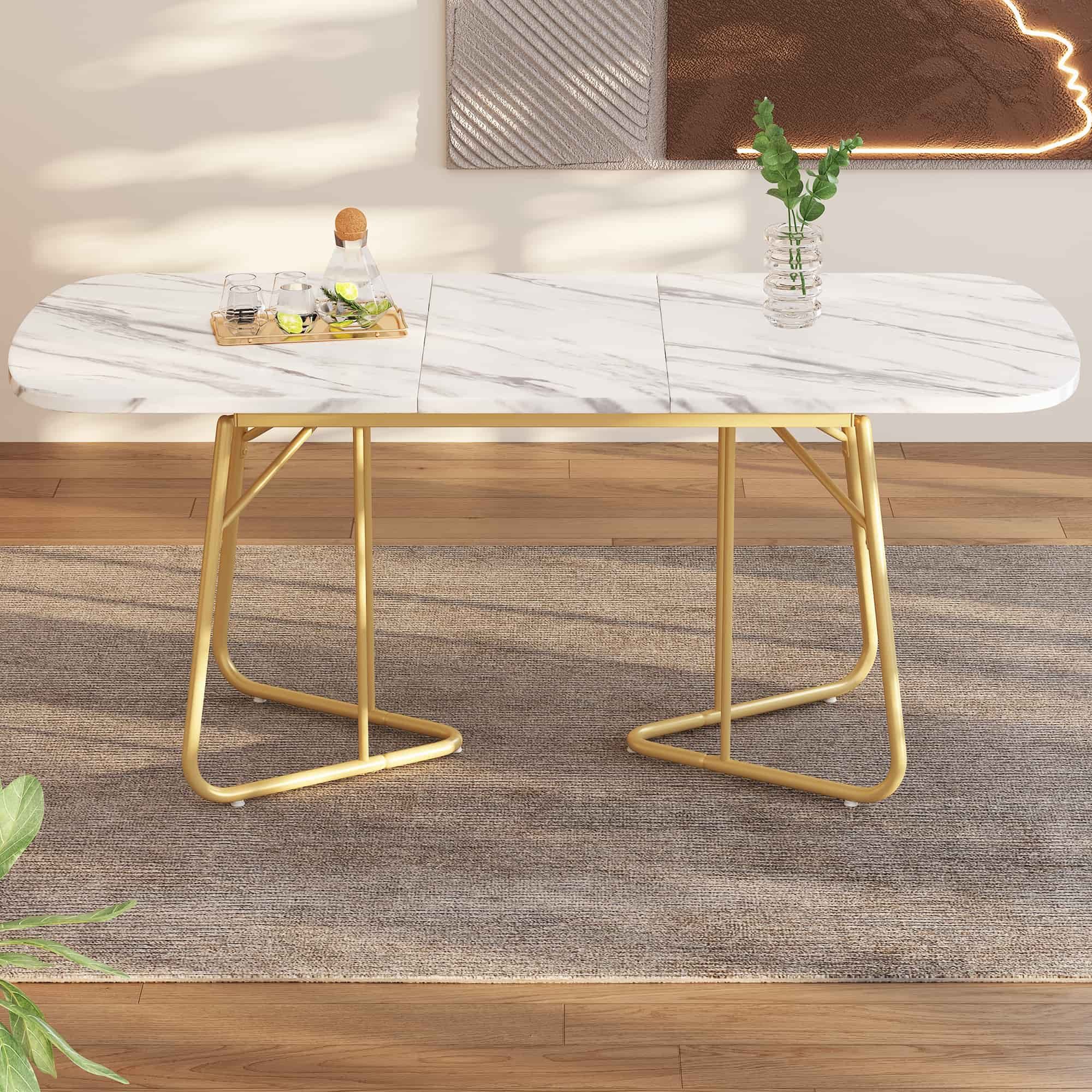 BBWL Esstisch Weißer Erweiterbarer Esstisch mit Marmorstruktur und Gold-Metallbeinen (140 bis 180 x 80 cm moderner minimalistischer Luxusstil robuste MDF-Tischp – Bild 5 von 5