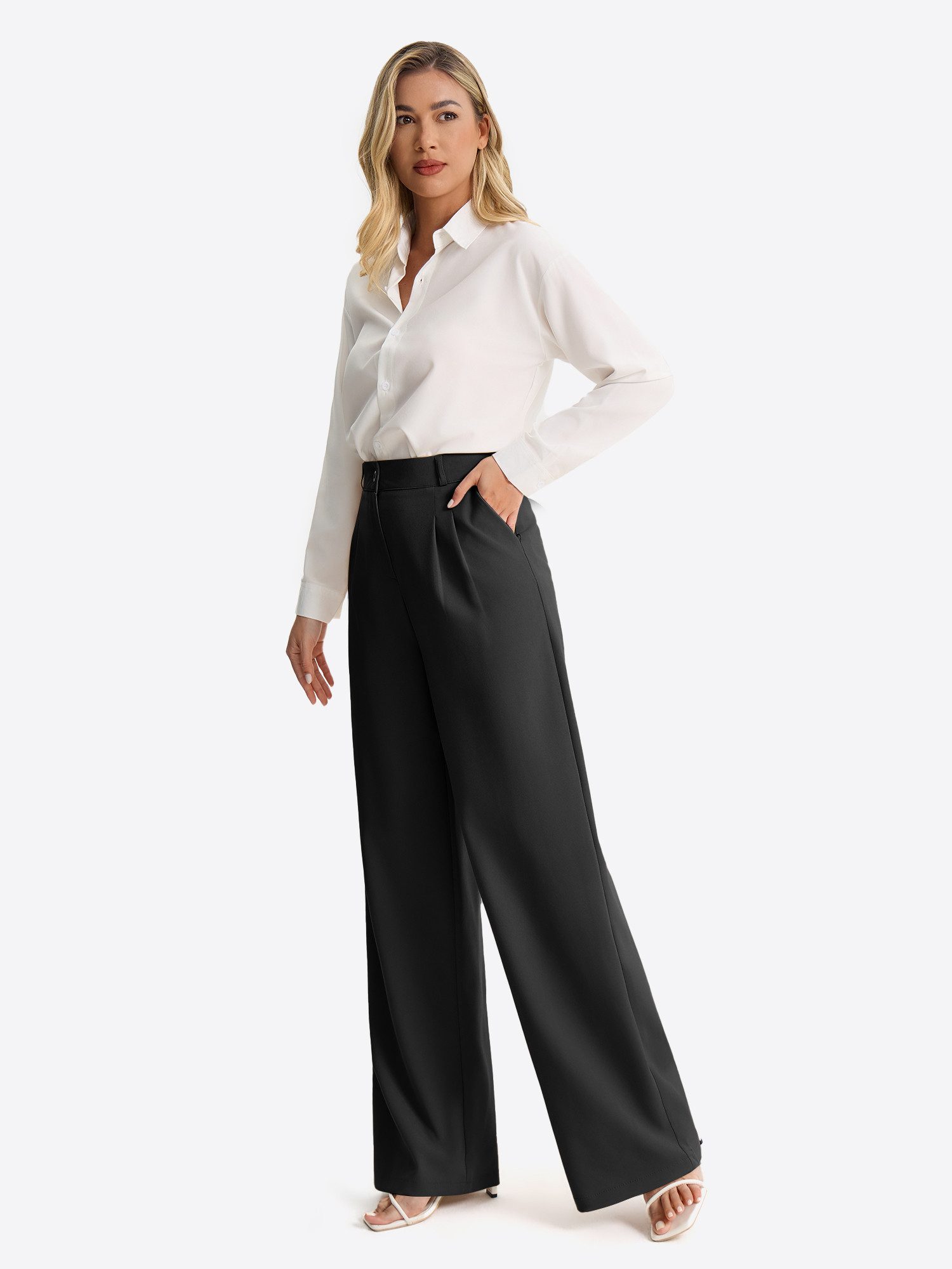 Imily Bela Palazzohose Damen Palazzohose mit Bundfalten und hoher Taille (Packung, 1-tlg., 1per-Pack) mit Knöpfen