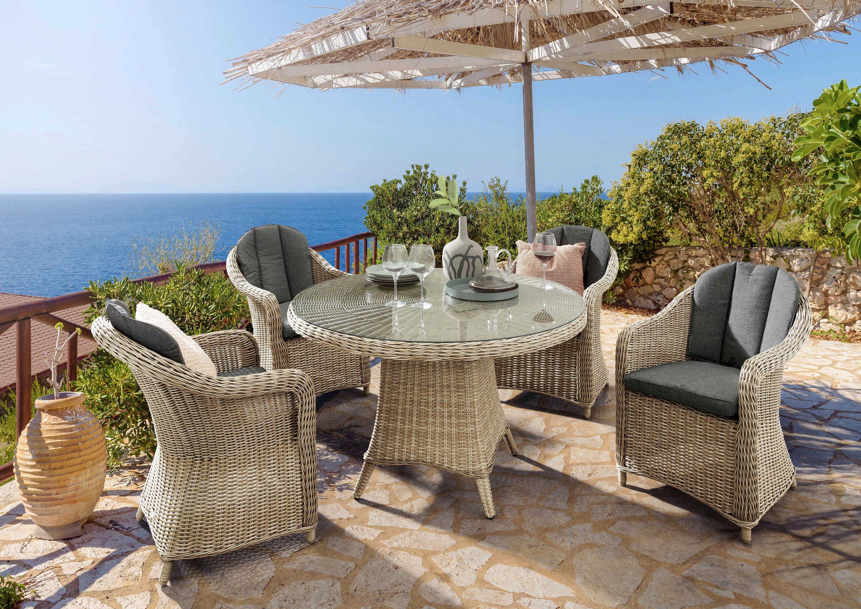 Destiny Garten-Essgruppe MALAGA LUNA, (Set, 13-tlg), Polyrattan, 4 Sessel + 1 Tisch Ø 120x75 cm, inkl. Auflagen natur meliert | grau | natur meliert