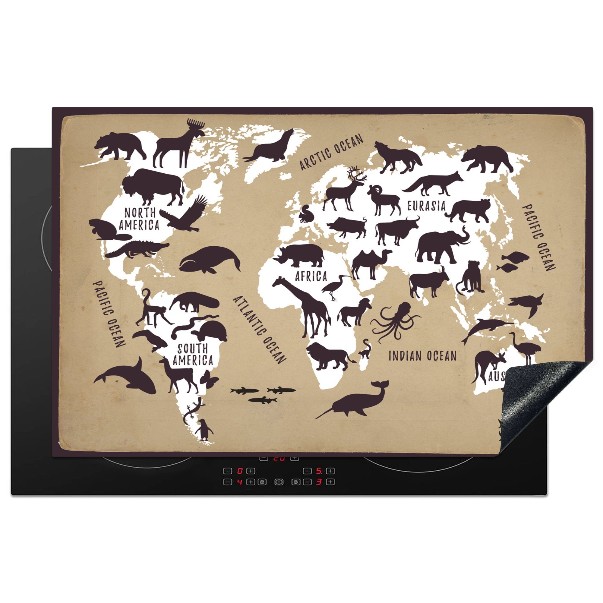 MuchoWow Herdblende-/Abdeckplatte Weltkarte - Tiere - Braun, Vinyl, (1 tlg), 81x52 cm, Induktionskochfeld Schutz für die küche, Ceranfeldabdeckung