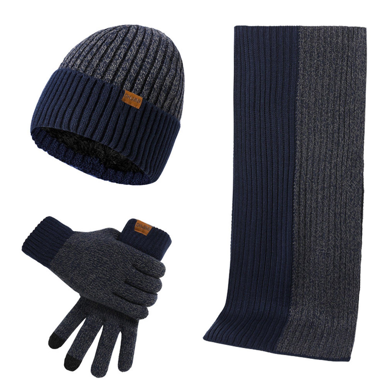 Rutaqian Strickmütze Wintermütze Schal Touchscreen Handschuhe Set (Fleece Innenfutter Knitted Hat, Thermo Rutschfeste Handschuhe für 3-in-1 Winterset) Warme Touchscreen Gloves, Weiche Lange Scarf für Damen Herren Marineblau