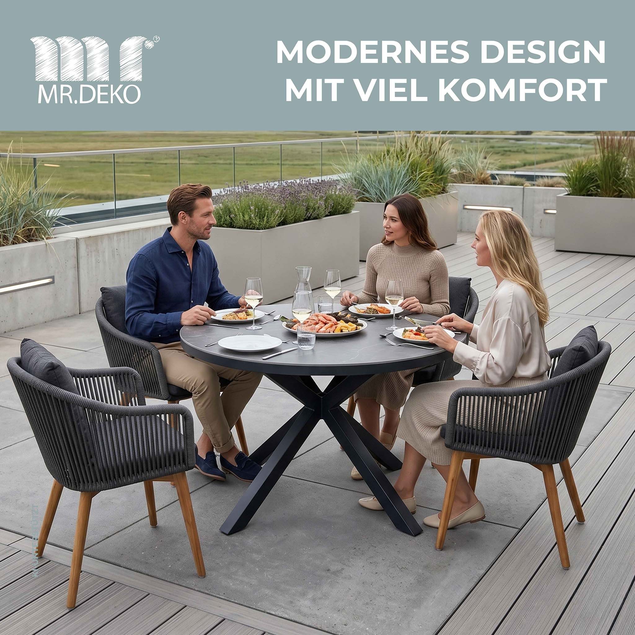 MR.DEKO Garten-Essgruppe Gartensessel Solana mit Esstisch rund wetterfest Almeria 120x76 cm, (5-teilige Garten-Kombination mit rundem Gartentisch), Wetterfeste Essgruppe mit Teakholz-Beinen & Stein-Tischplatte Grau