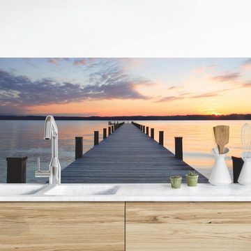 Bilderdepot24 Küchenrückwand blau dekor Natur Strand Meer Ort der Ruhe Wandverkleidung Küche, (1-tlg., Nischenrückwand - für Fliesenspiegel ohne Bohren - matt), Spritzschutz Rückwand Küche Herd - Folie selbstklebend versch. Größen