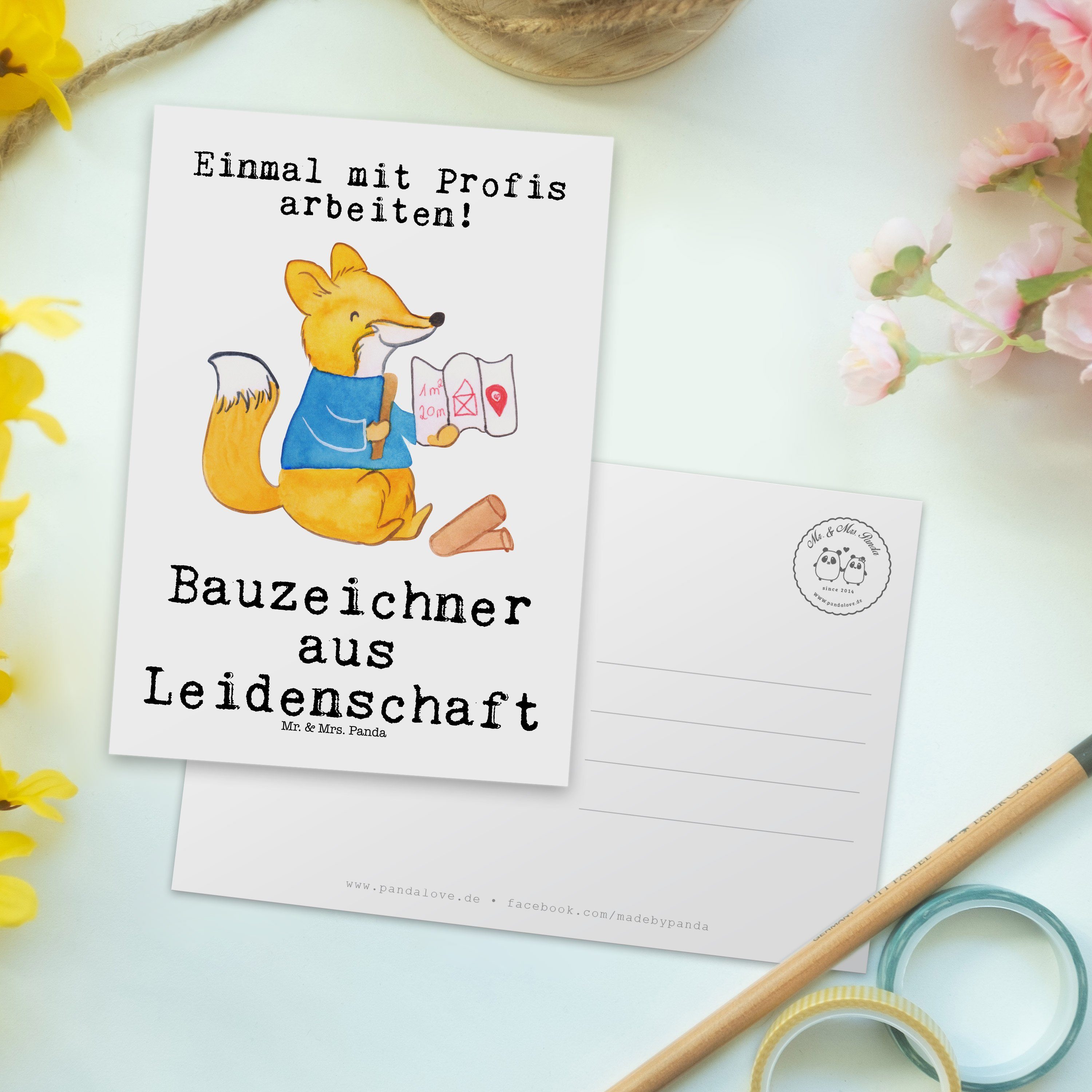 Mr. & Mrs. Panda Postkarte Bauzeichner aus Leidenschaft - Weiß - Geschenk, Danke, Ansichtskarte