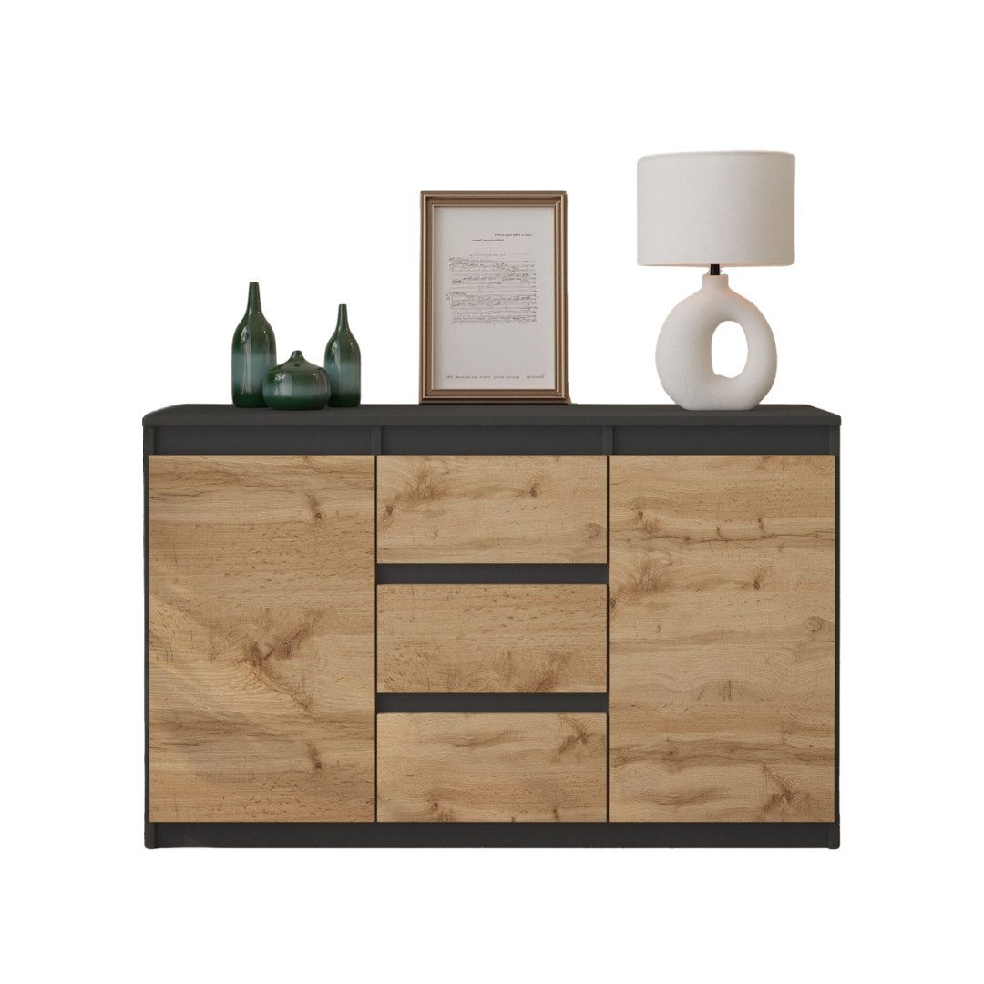 Furnica Kommode Sideboard 3 Schubladen und 2 Türen - Anthrazit Grau H75cm B120cm T35cm