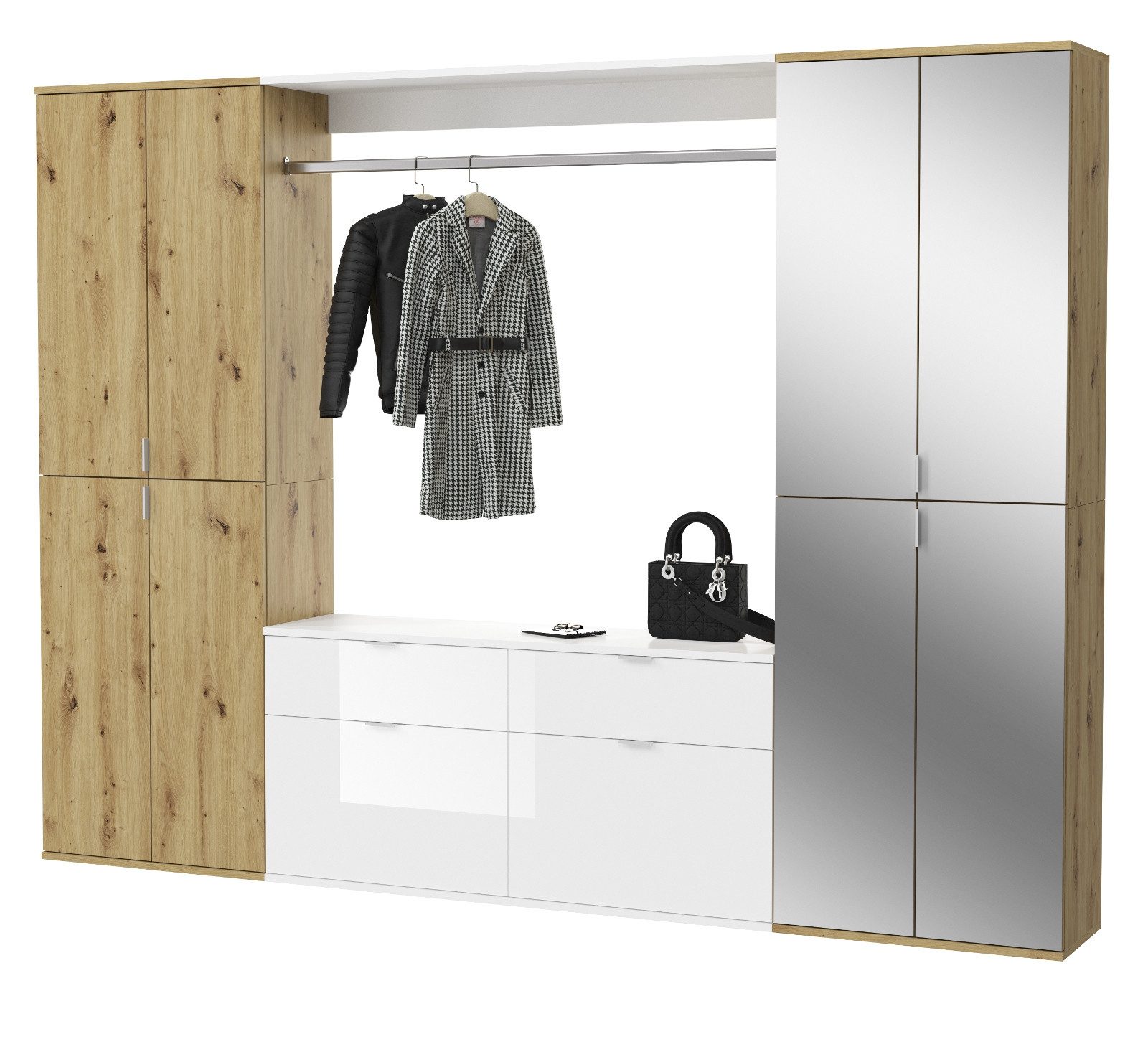 Inn.Furn Garderoben-Set Line-Up, (in Artisan Eiche und weiß Hochglanz, Breite 243 cm), mit flexibler Inneneinteilung