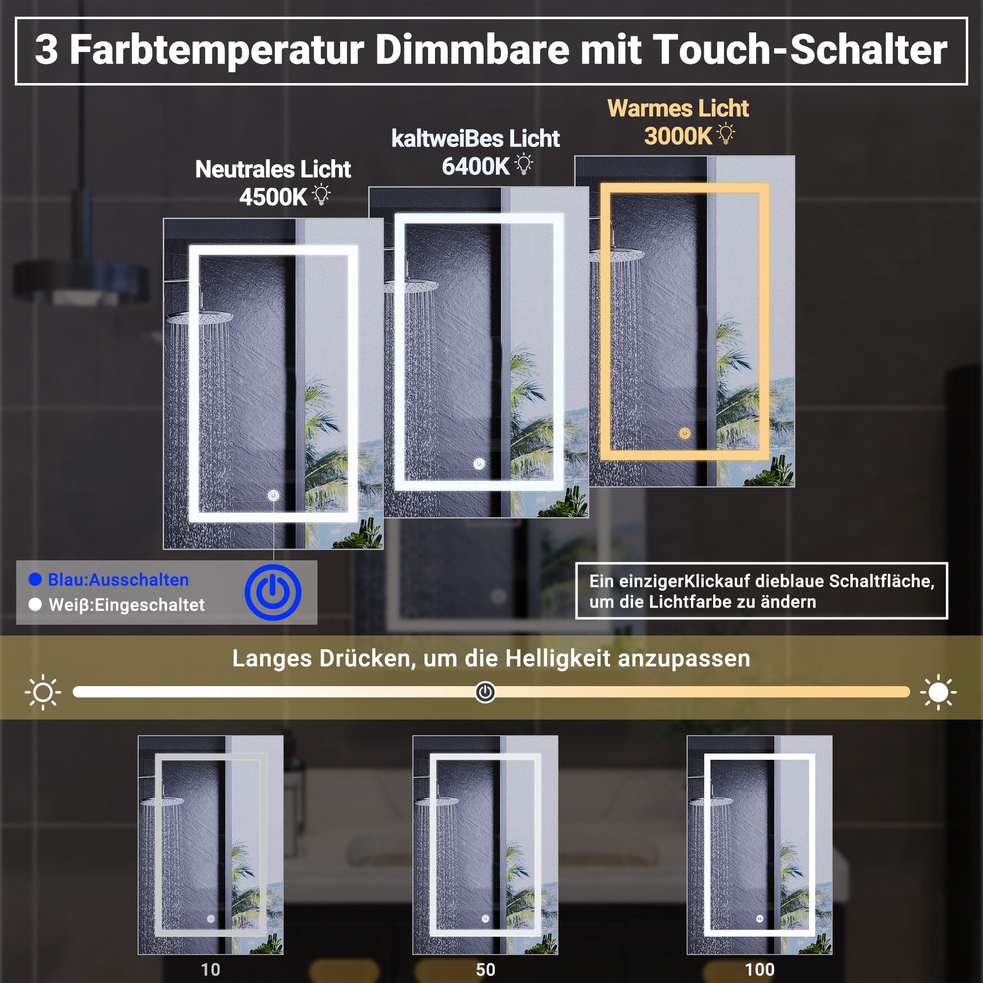 NMCXXO Badezimmerspiegelschrank Spiegelschränke mit LED-Spiegel, 3 Farbtemperaturen, Dimmfunktion Einstellung der warmen und kalten Farbtemperatur 3000/4500/640 – Bild 3 von 5