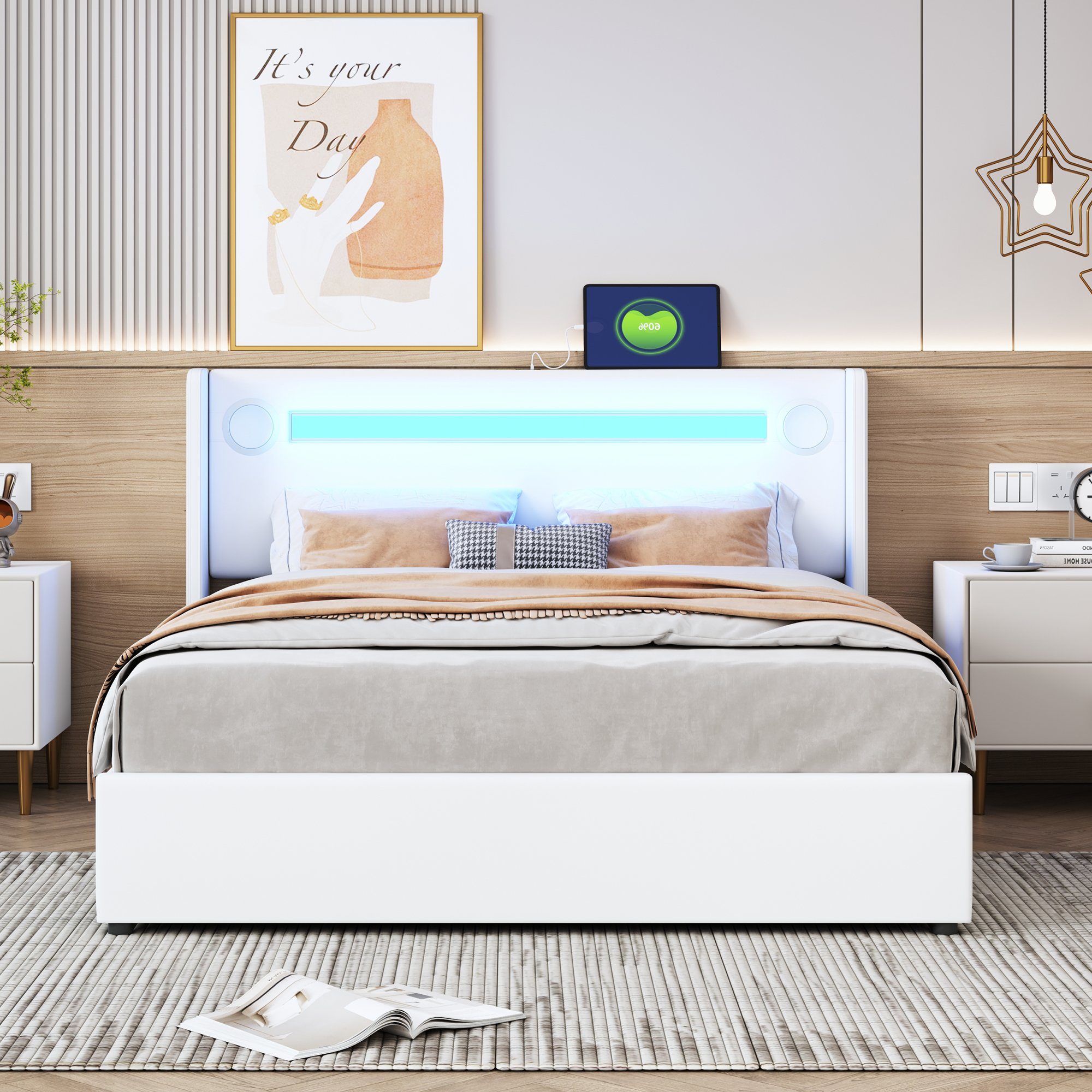 OKWISH Polsterbett mit LED-Lichtleiste, Bluetooth-Player und günstig online kaufen