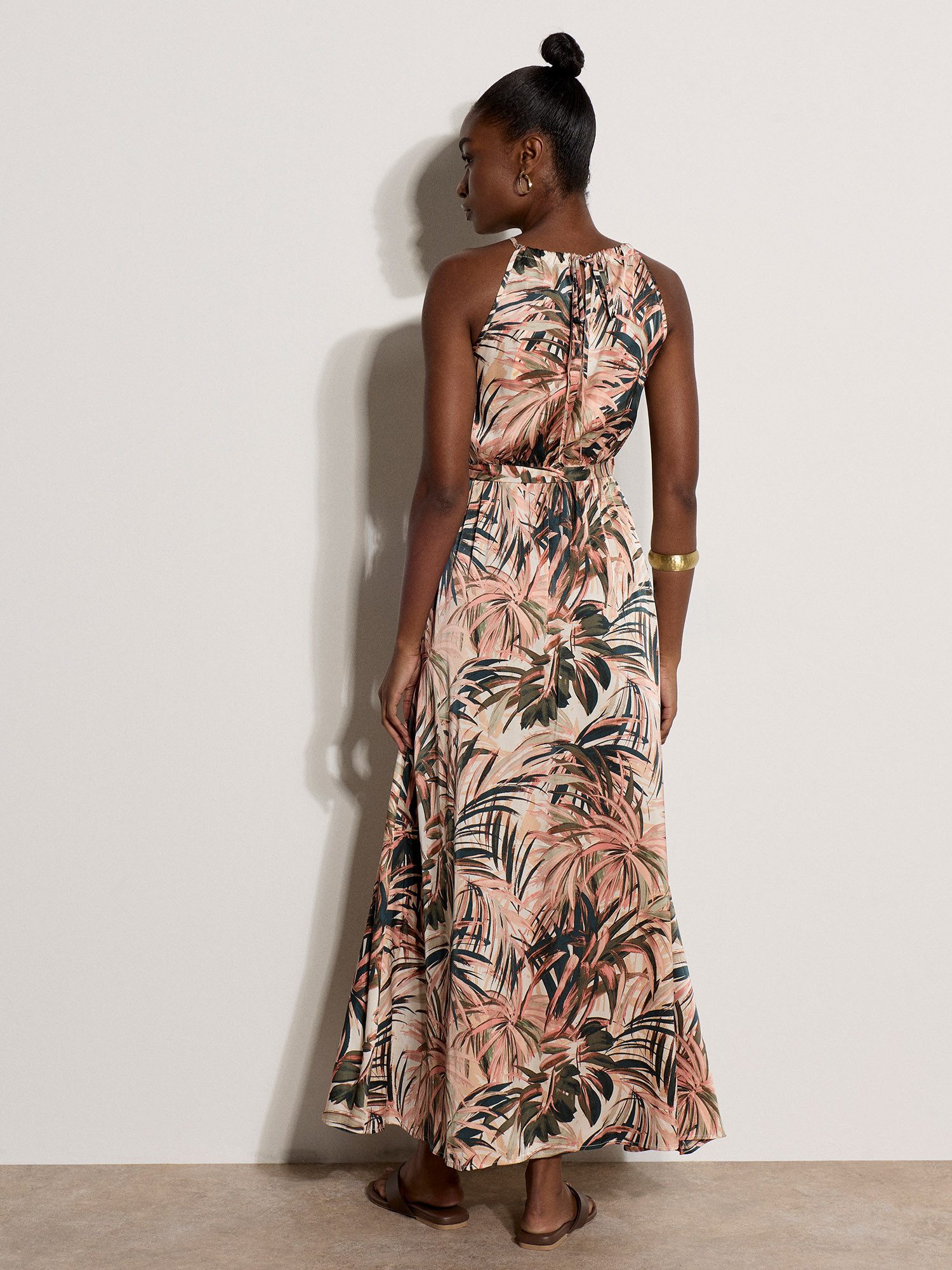 Apricot Maxikleid Tropisches Midikleid (mit Bindeband) mit Bindeband
