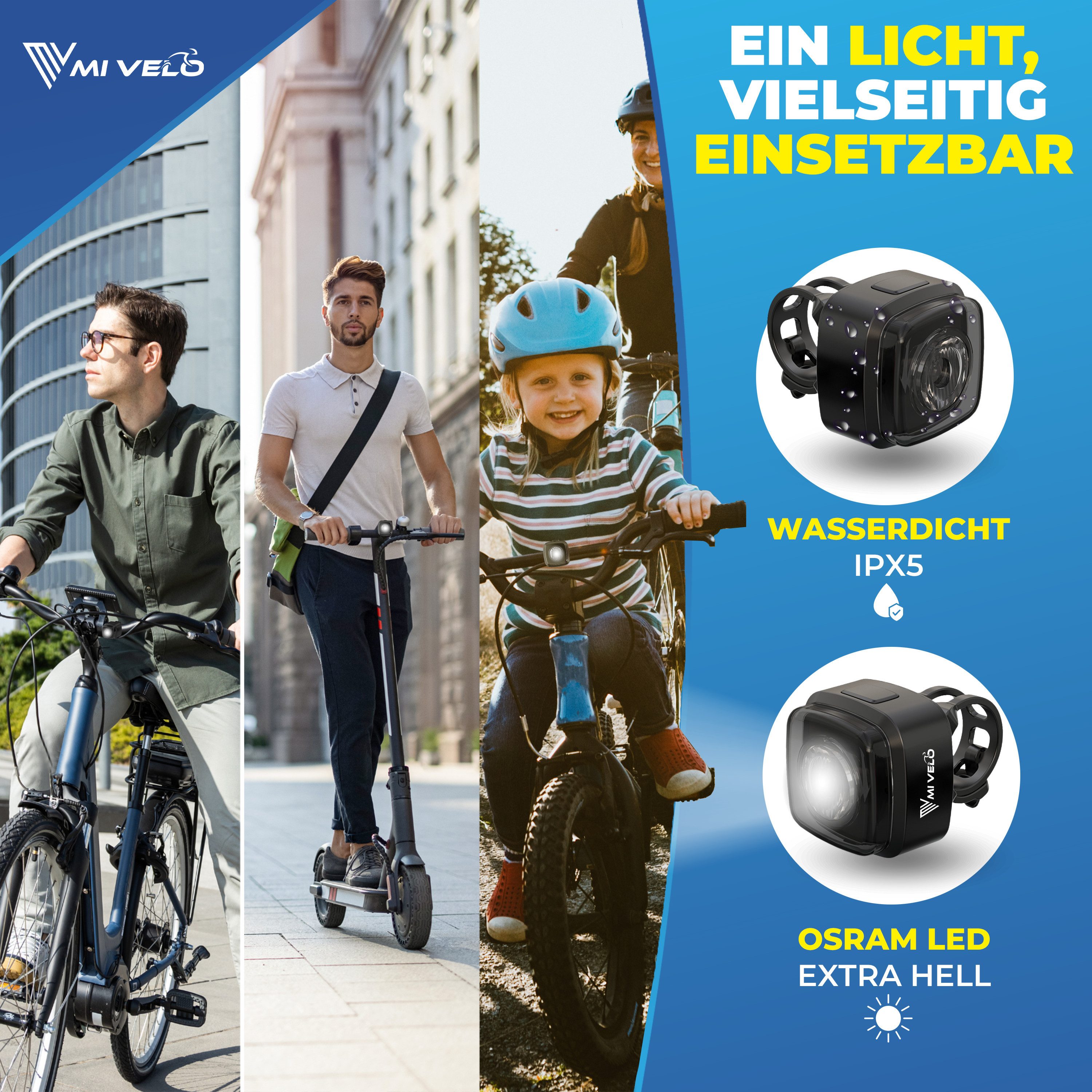 MIVELO Fahrradbeleuchtung MiVelo COB Pro Fahrradlicht LED Set – Frontlicht, Rücklicht oder Set, StVZO zugelassen, Rücklicht mit Bremsfunktion wählbar – Bild 2 von 5