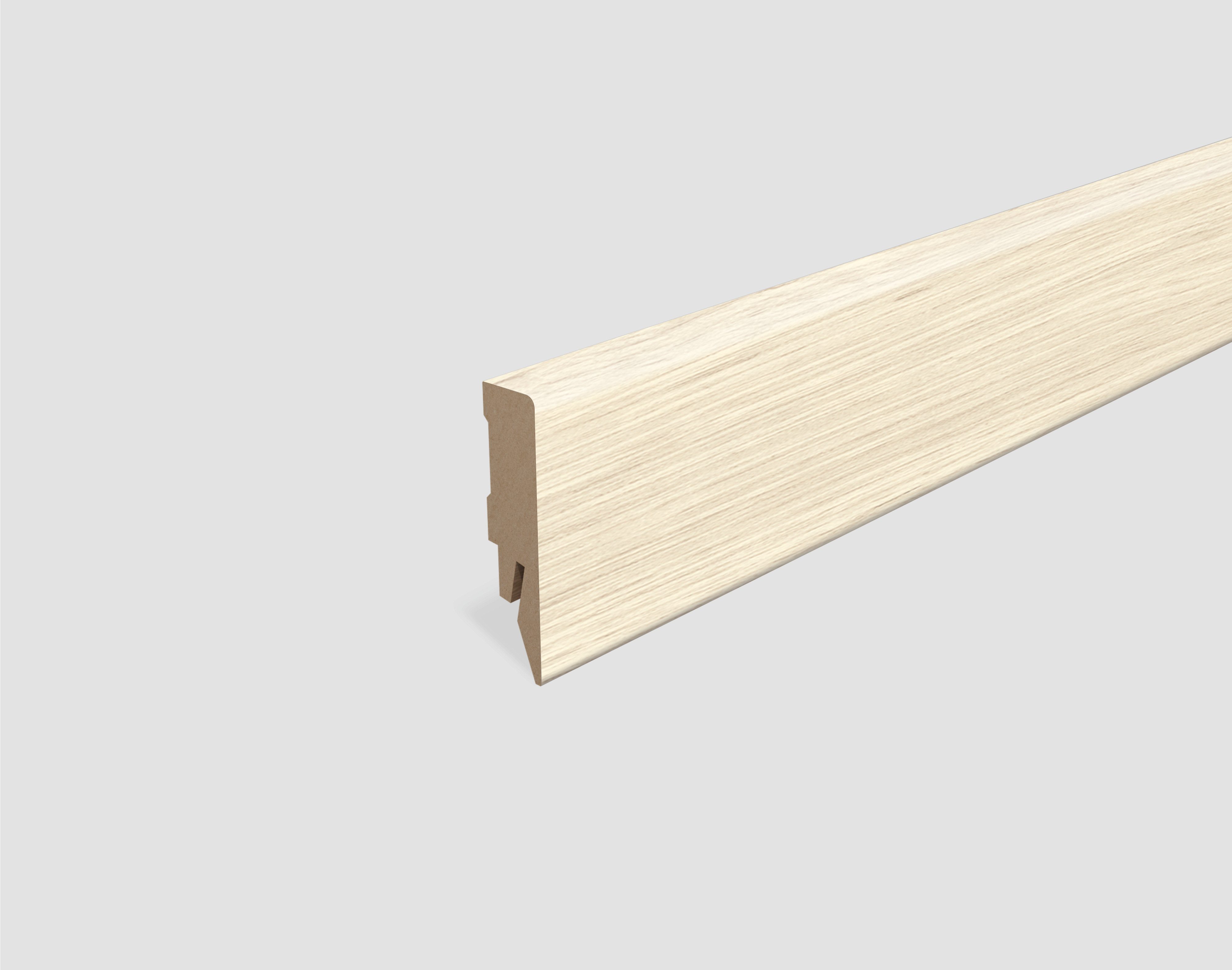 EGGER Sockelleiste Eiche weiss L628, L: 240 cm, H: 5.8 cm, 1-St., 2,40m; neues kubisches Profil; passend zu Fußboden Halifax Eiche creme